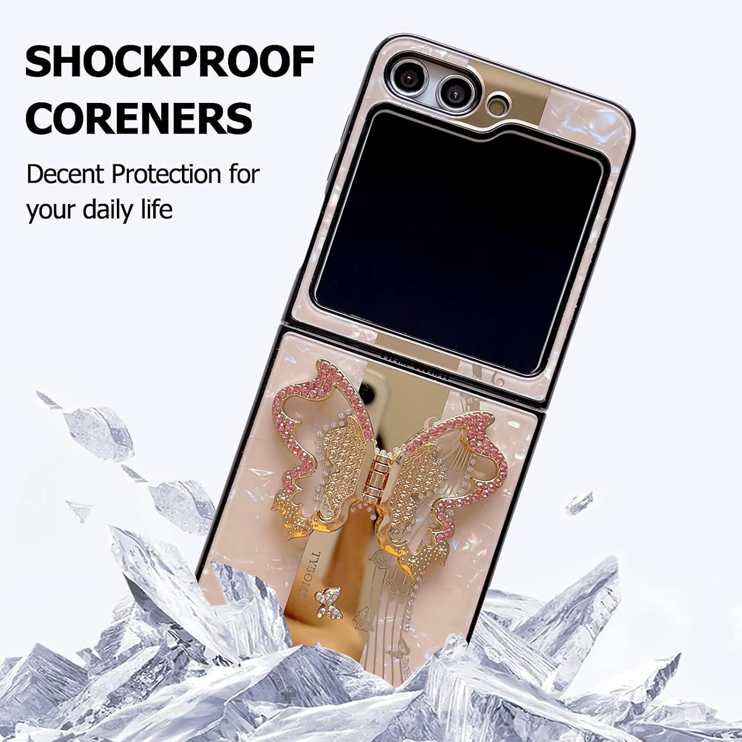 Omio – Funda diseñada para Samsung Galaxy Z Flip 5 con soporte, bonito diseño de mariposa 3D con purpurina brillante, diseño de mariposa 3D, TPU