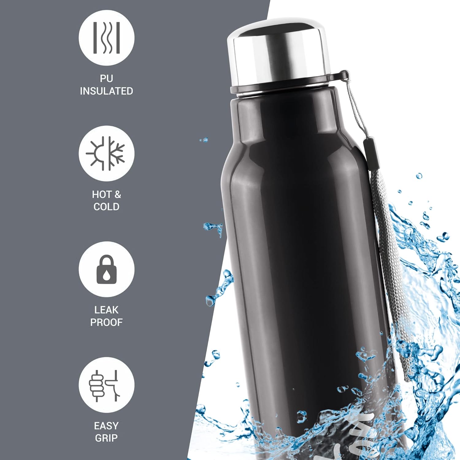 Milton Steel Fit 900 – Botella de agua interior aislada de acero inoxidable, 1 pieza, 22.1 fl oz, color negro, fácil agarre, a prueba de fugas,
