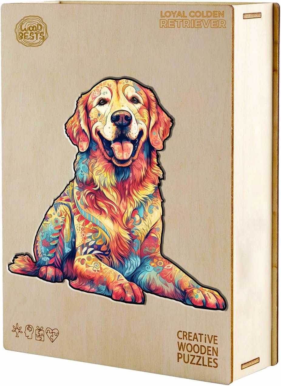 Rompecabezas de madera, rompecabezas de Golden Retriever leal, 15.7 x 14.9 pulgadas, 300 piezas, rompecabezas de forma única de animales, regalo