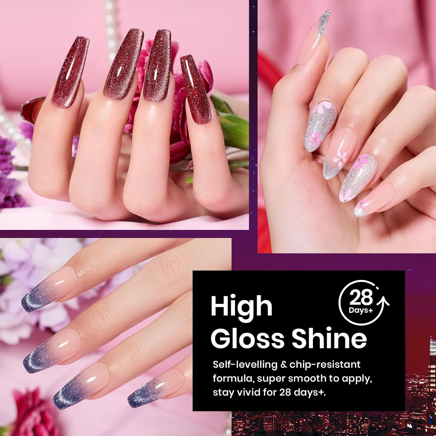 Beetles – Juego de 6 esmaltes de uñas de gel con purpurina holográfica de ojo de gato, rojo, morado, azul, con imán, para primavera, semipermanente,