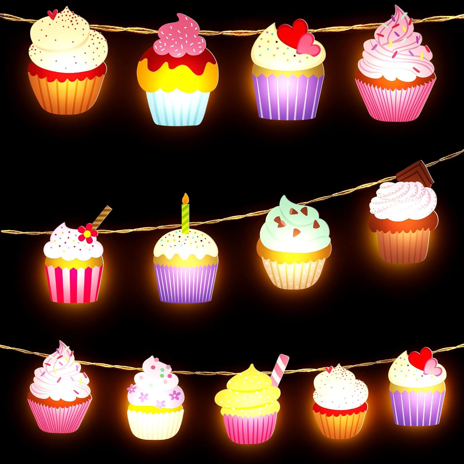 Guirnalda de luces para cupcakes, regalos de cupcakes, guirnalda de luces para decoración de bodas, fiestas de cumpleaños, 20 LED, 10 pies, funciona
