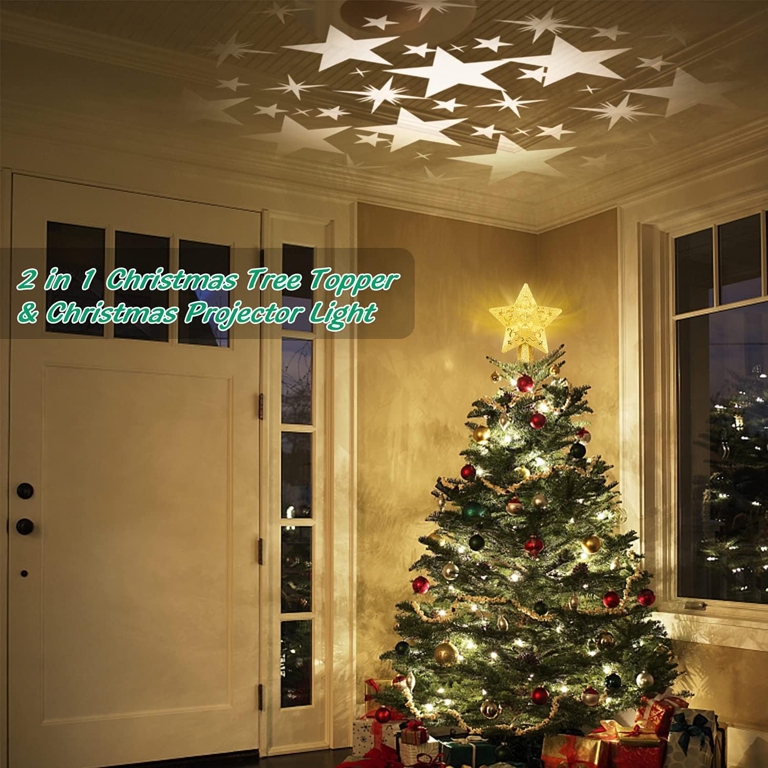 Decoración para árbol de Navidad, estrella iluminada con luz LED giratoria de estrella, estrella dorada con purpurina 3D, luces de proyector de