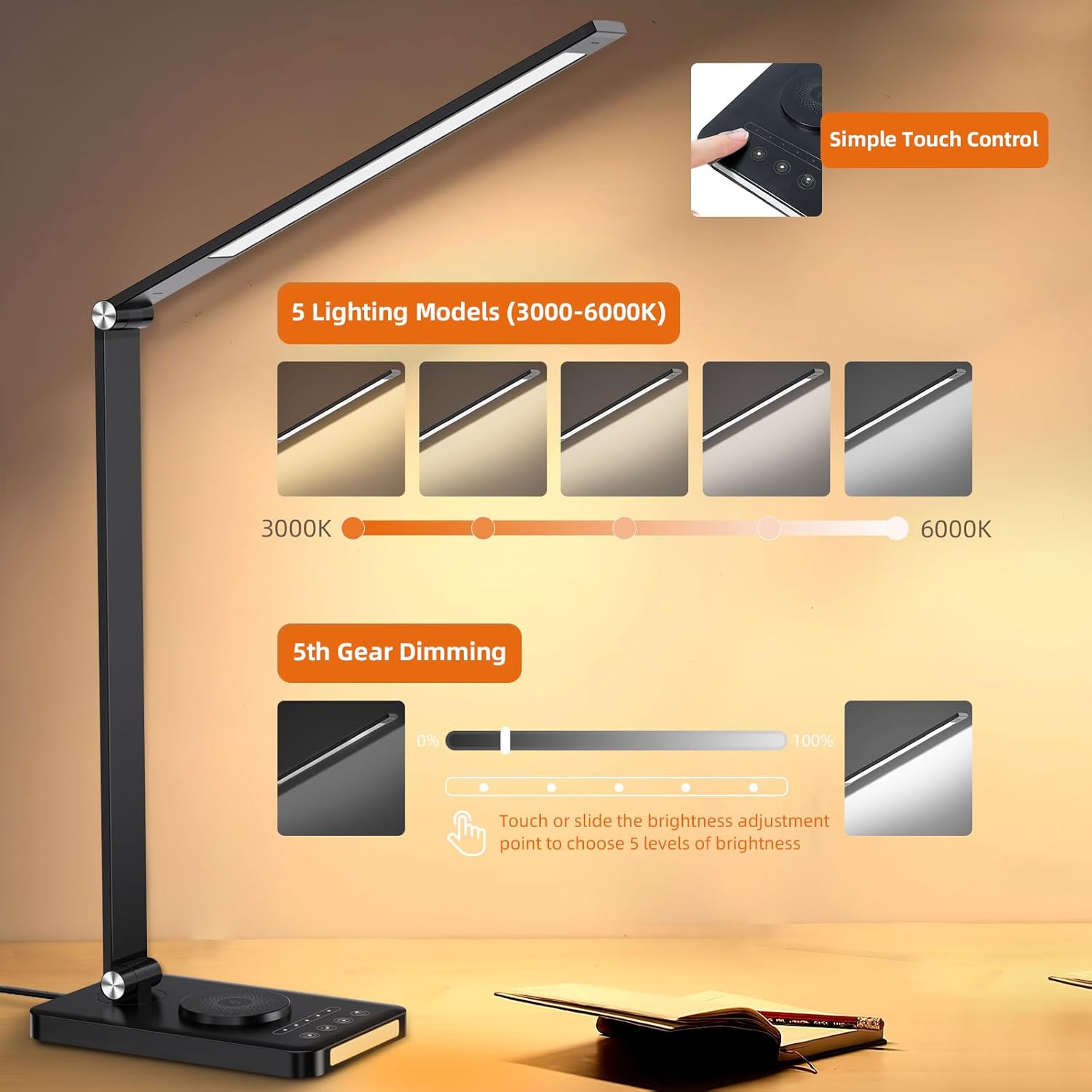 GTIMLMC Desk Lamp with Wireless Charger, LED Table Lamps for Home Office, USB Charging Port, Blue and Warm Bedside Night Light, Touch Dimmable,