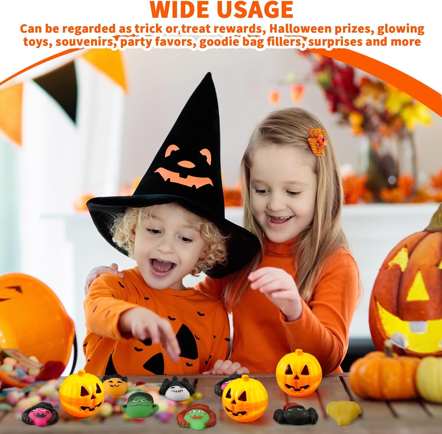 36 piezas de huevos de caramelo de calabazas de Halloween con juguetes de Halloween, bola brillante, recuerdos de fiesta, mini tarros de calabaza