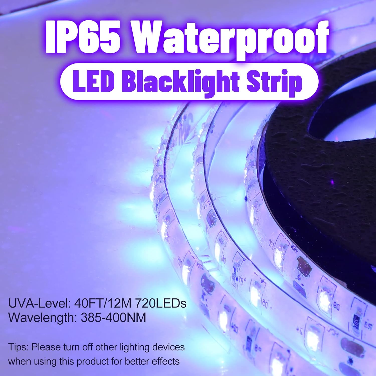 Kit de tira de luz LED negra impermeable IP65 de 40 pies39.4 ft, 720 LED, accesorios de luz negra flexible de 12 V, 385-400 nm, tiras LED de luz