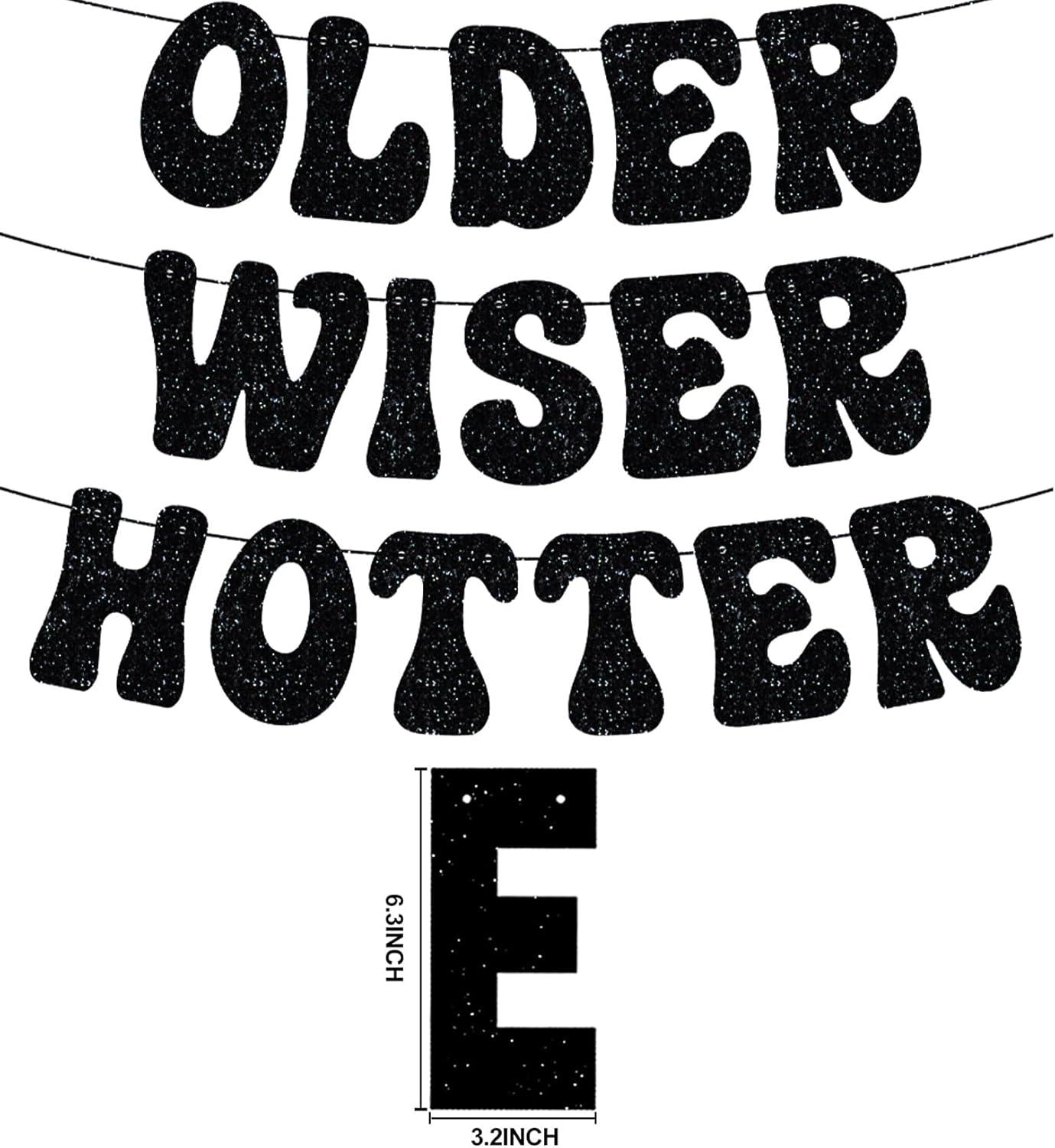 Cartel negro con purpurina para fiesta de cumpleaños de Older Wiser Hotter, divertido y lindo cartel de guirnalda de cumpleaños para 30, 40, 50, 60,