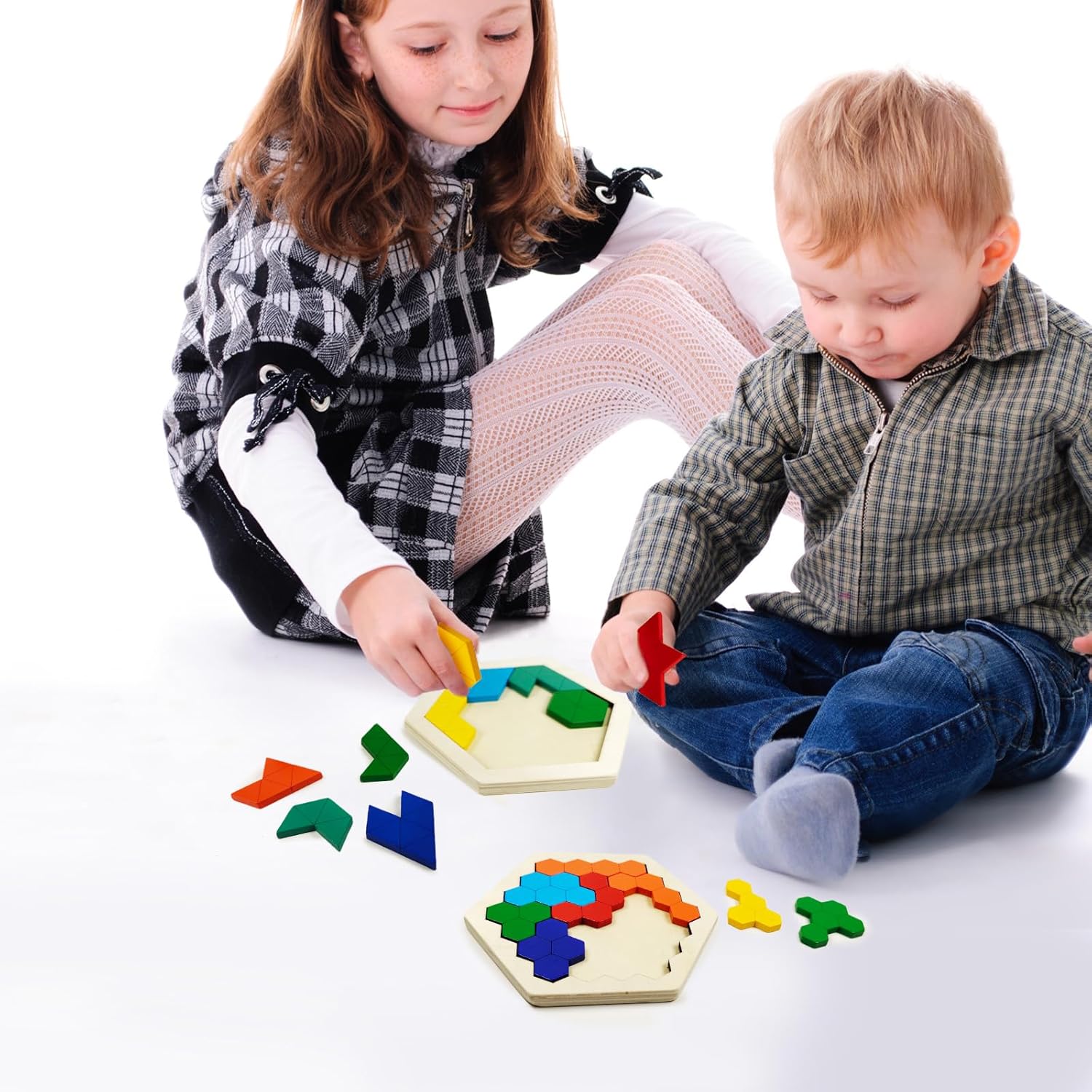 YUQILIN 6 rompecabezas de madera Tangrams para niños, rompecabezas hexagonales de madera para niños pequeños, rompecabezas geométricos de cerebro,