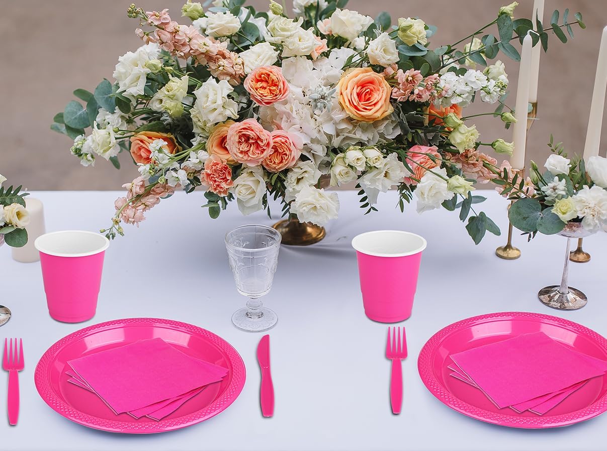 TWOWYHI 175 platos de plástico rosa intenso, suministros de fiesta para 25 invitados, color rosa intenso de 9 pulgadas, platos de plástico rosa