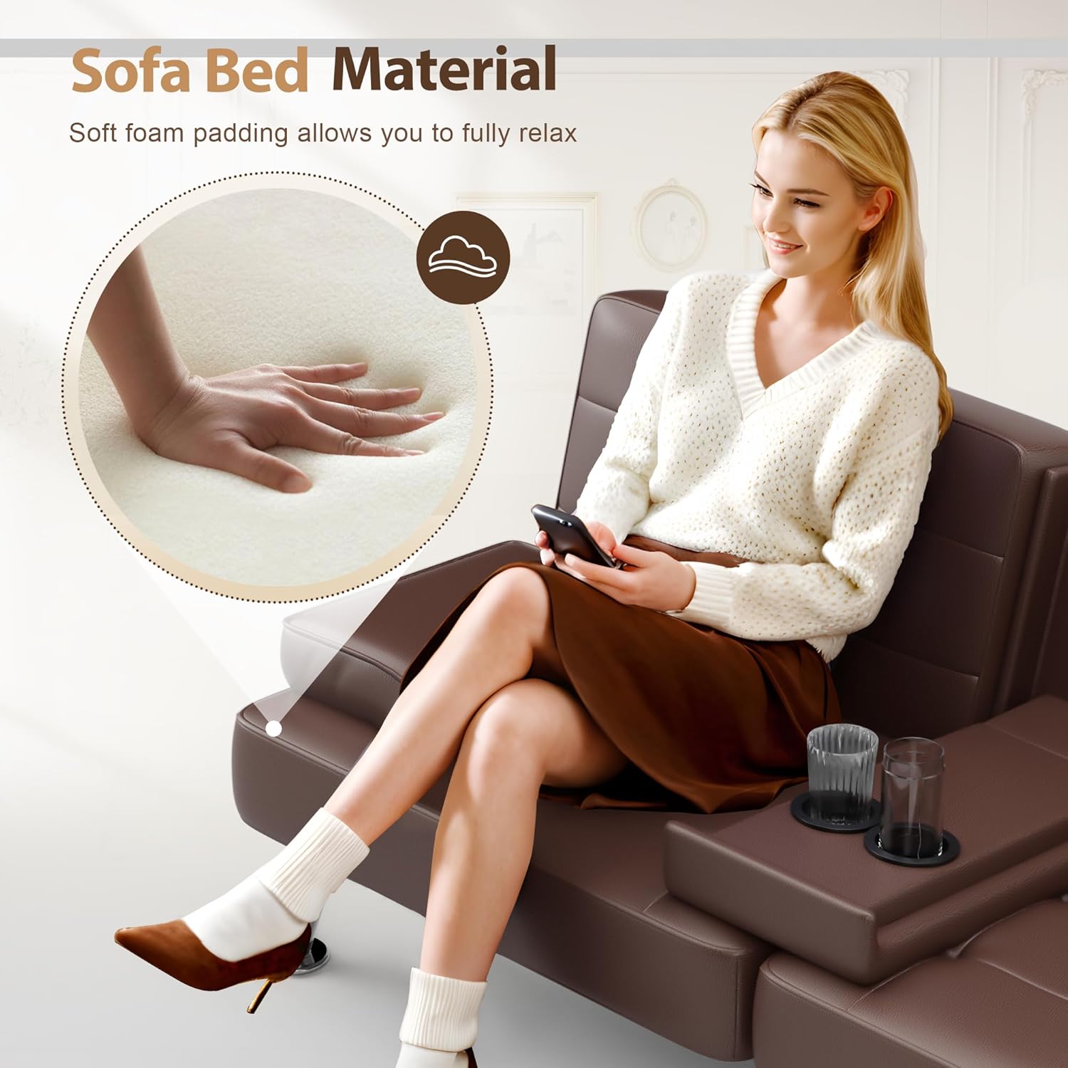 Sofá cama tipo futón plegable convertible para sala de estar, sofá biplaza tapizado de piel sintética con reposabrazos extraíbles, patas de metal, 2