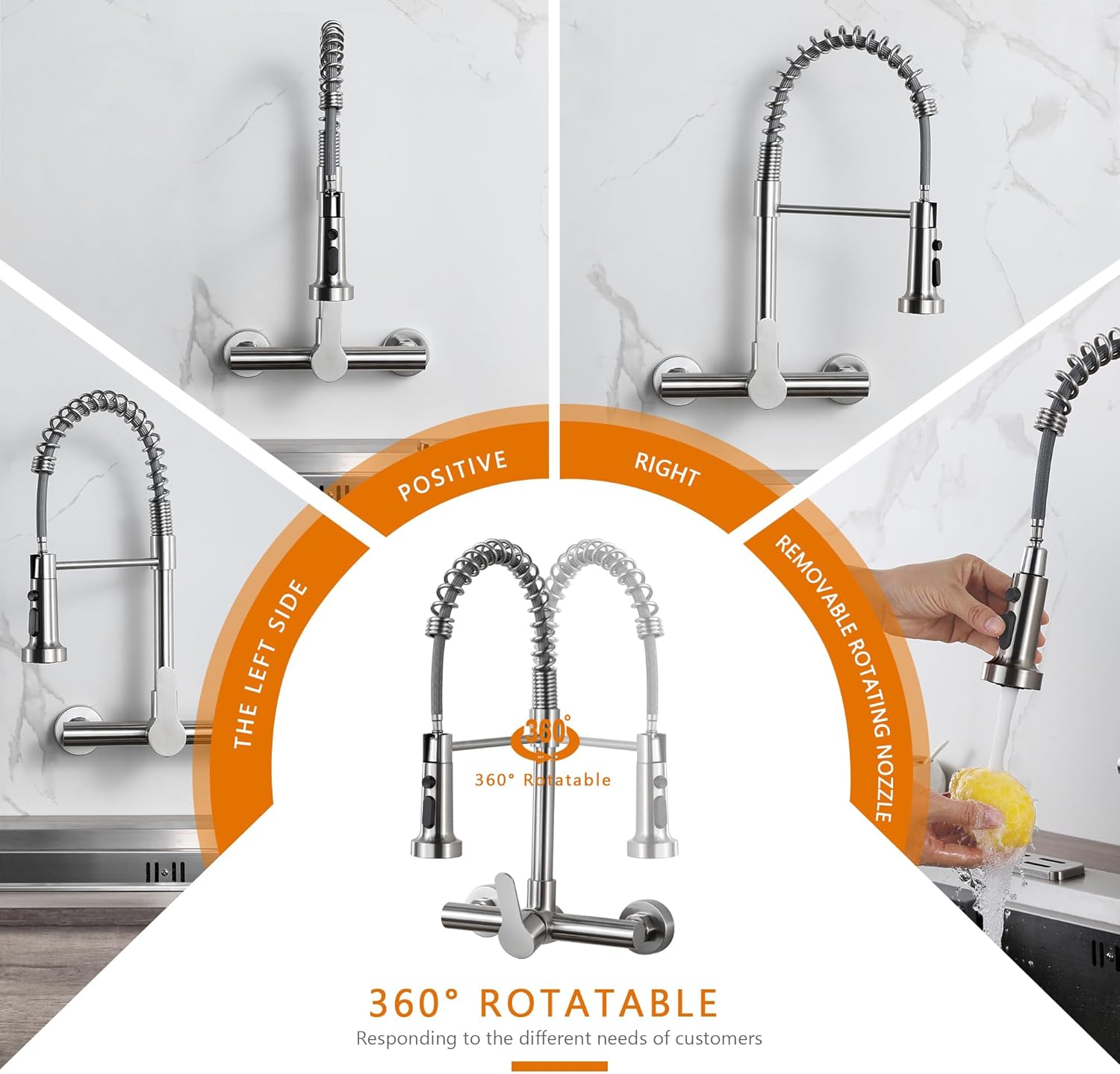 LIWEIKE Grifos de cocina de montaje en pared, grifo de cocina de montaje en pared de níquel cepillado con pulverizador, grifo de cocina de pared de