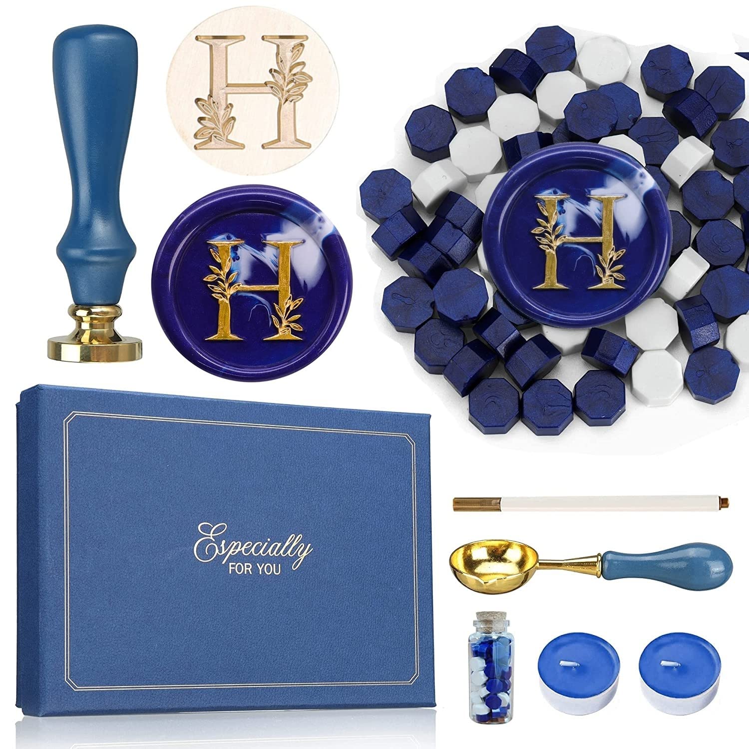 SWANGSA Kit de sello de cera con letra inicial del alfabeto H, sello de sellado de letras botánicas elegantes vintage con cuentas de cera de