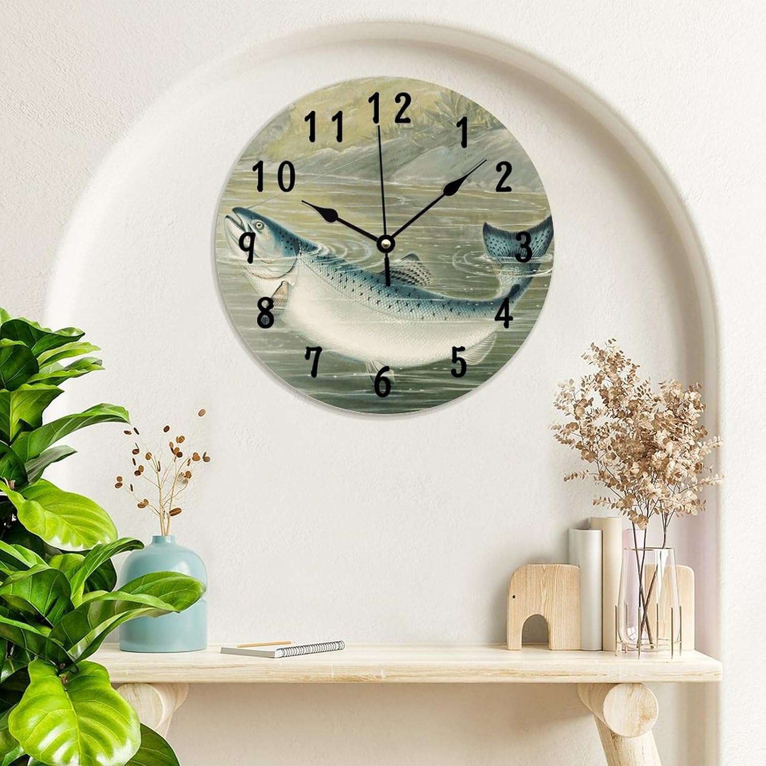 ArogGeld Reloj de madera con diseño de pez y trucha arco iris, regalo para amantes de la pesca, reloj de pared colgante con pilas, reloj de madera