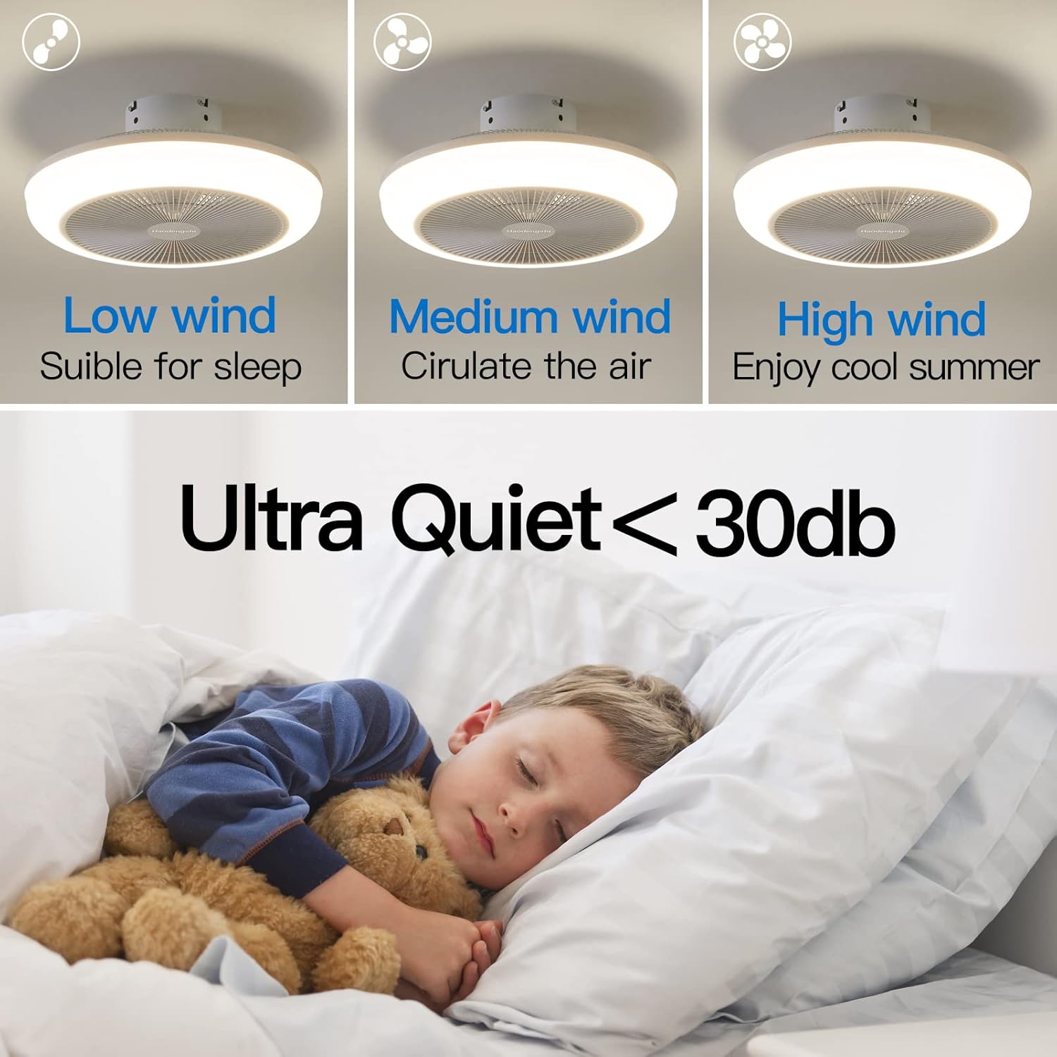 Ventilador de techo sin aspas de 18 pulgadas con luz, pequeño ventilador de techo negro con luz, 3 velocidades, 3 colores claros, ventilador de
