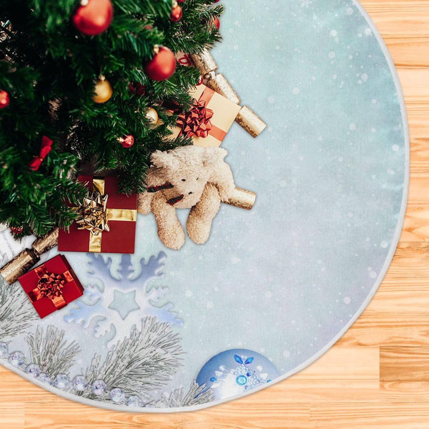 Falda de base de pino de felicitaciones navideñas, decoración navideña, falda de árbol pequeño, falda de árbol para decoración de Navidad