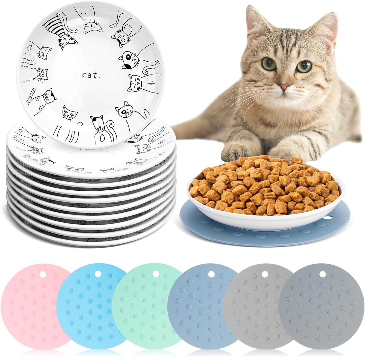 6 cuencos para gatos con 6 alfombrillas antideslizantes de silicona, plato de cerámica para comida, cuenco de comida húmeda para gatos, plato de