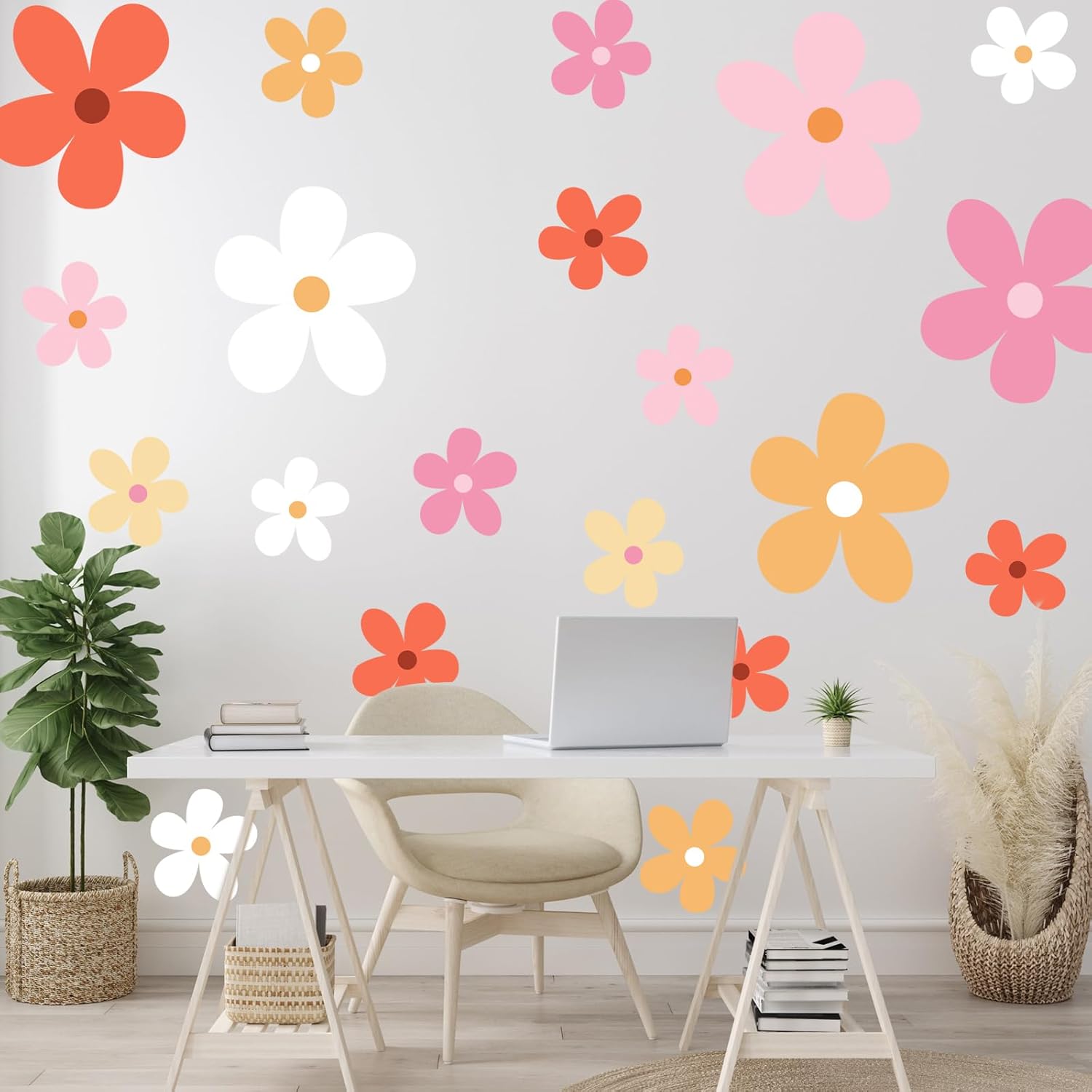 12 hojas de calcomanías de pared de margaritas grandes, calcomanías de pared de margaritas grandes, calcomanías florales para niños y niñas,