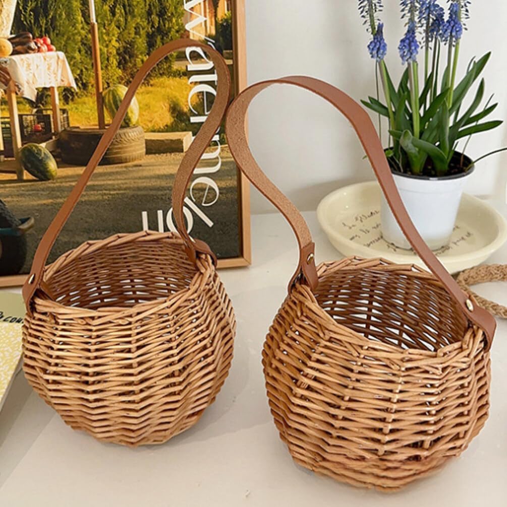 Cestas tejidas de mimbre con mango de cuero, cestas de flores para niñas, cesta de almacenamiento de dulces para boda, fiesta, decoración del hogar