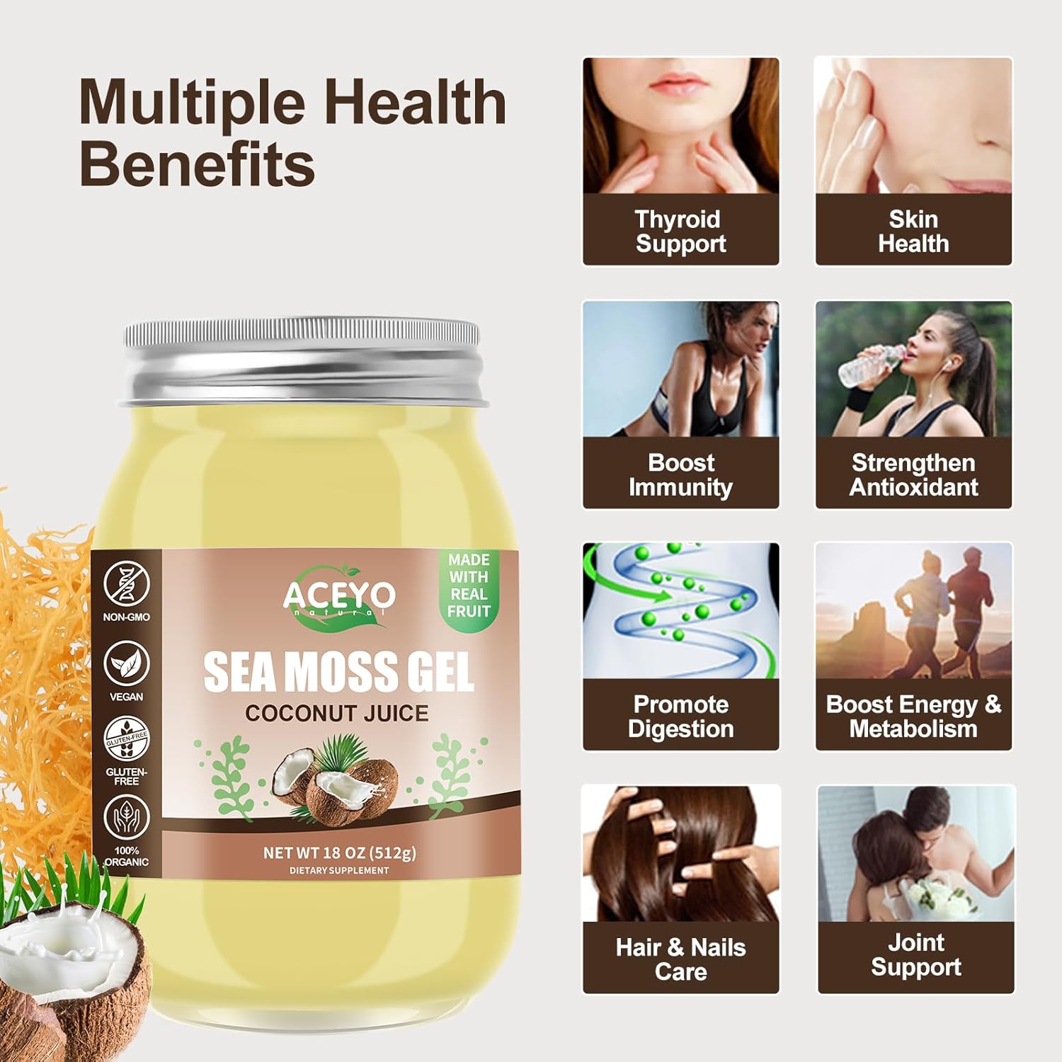 Gel de musgo marino saborizado Irish Seamoss Gel orgánico crudo vegano coco 102 vitaminas y minerales cosechados en la naturaleza sin OMG inmune