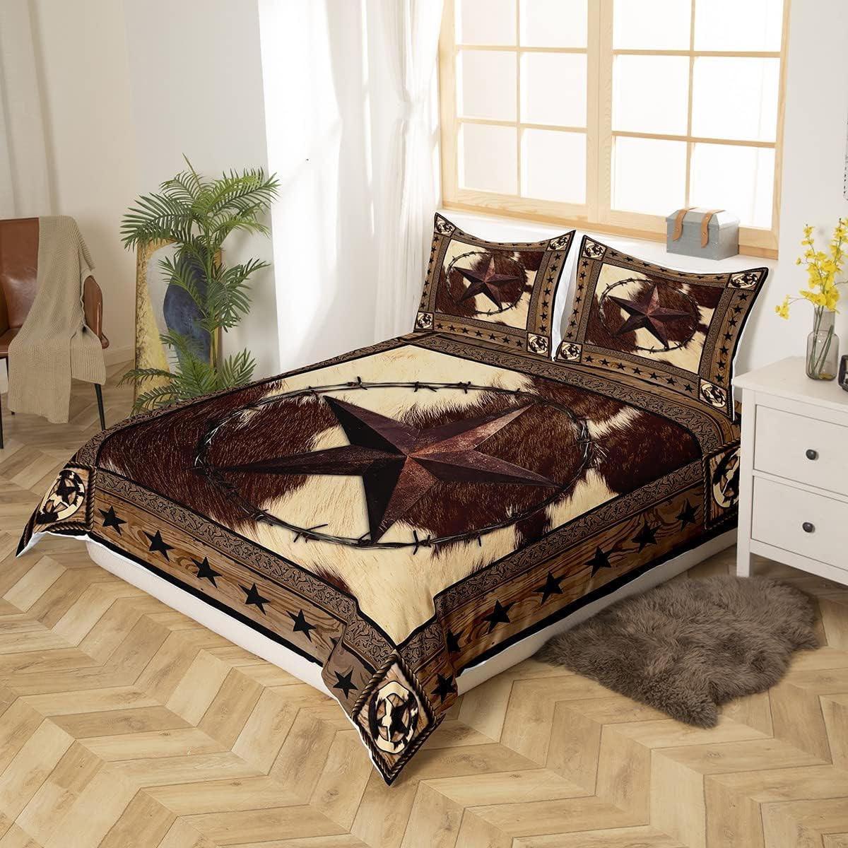 Juego de funda de edredón de vaquero occidental, tamaño King, juego de ropa de cama con estampado de piel de vaca, 3 piezas para decoración de