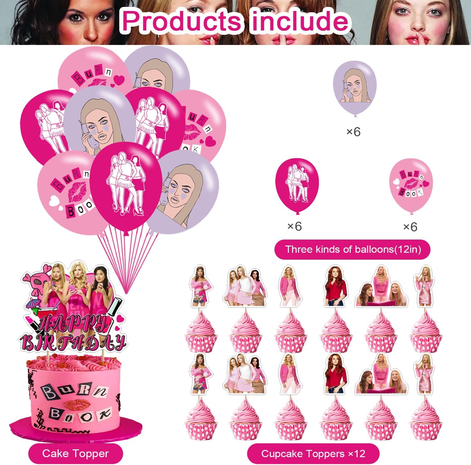 Mean Girls – Suministros para fiesta de cumpleaños, decoraciones de fiesta de cumpleaños de niñas con pancarta de feliz cumpleaños, decoración de