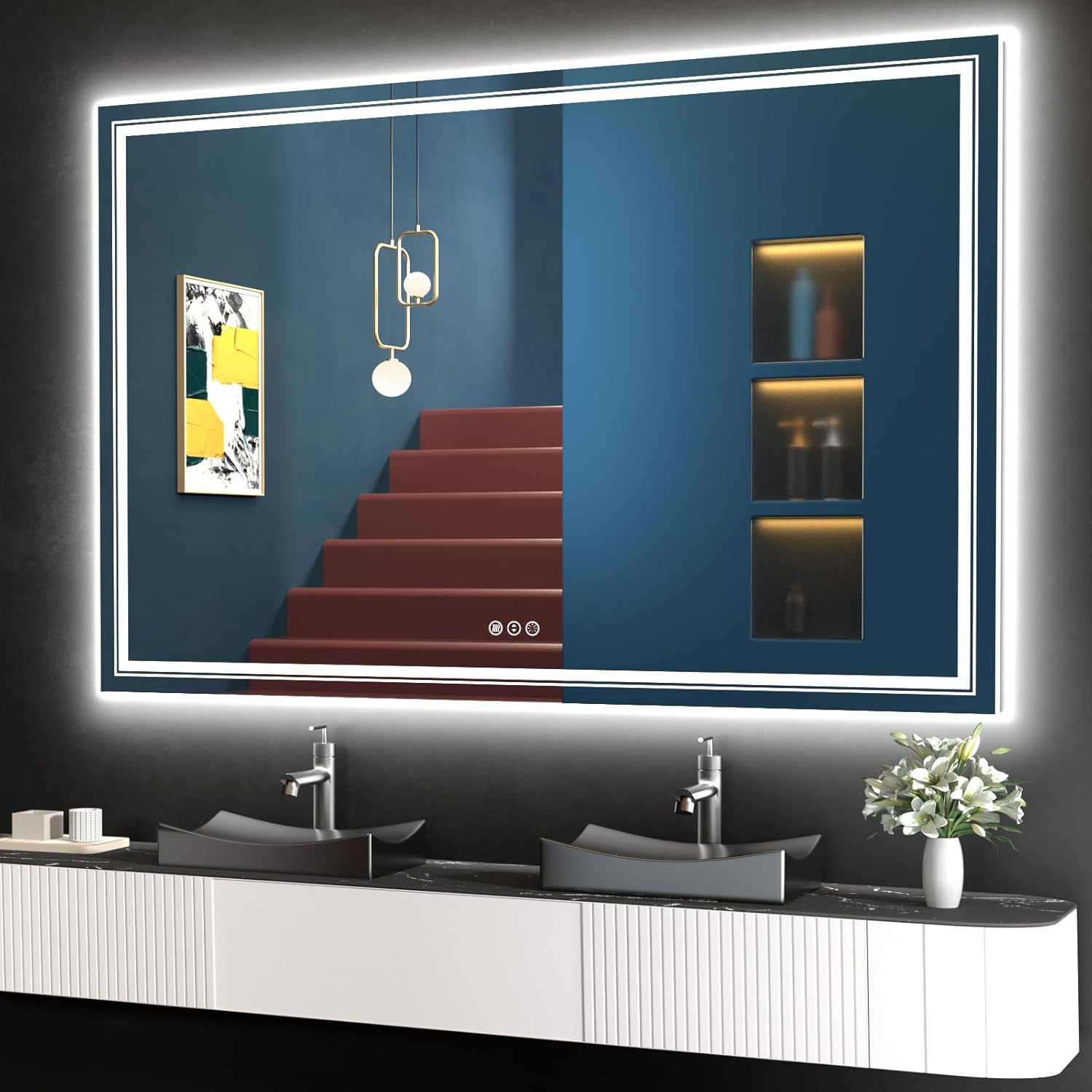 Snowdool Espejo de baño LED de 60 x 40 pulgadas, espejo de baño antiniebla con luces, regulable continuo, espejo de tocador iluminado de 3 colores,