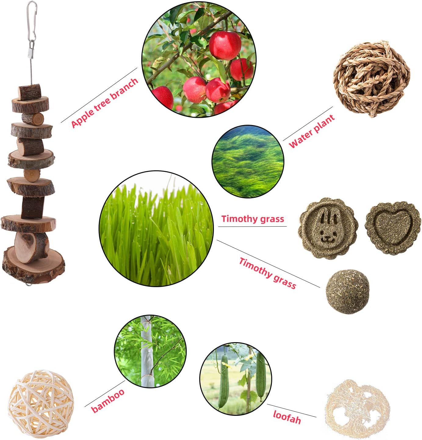 14 piezas de juguetes de conejo, juguetes para masticar, juguetes de hámster para dientes, madera de manzana natural, palitos de heno Timothy,