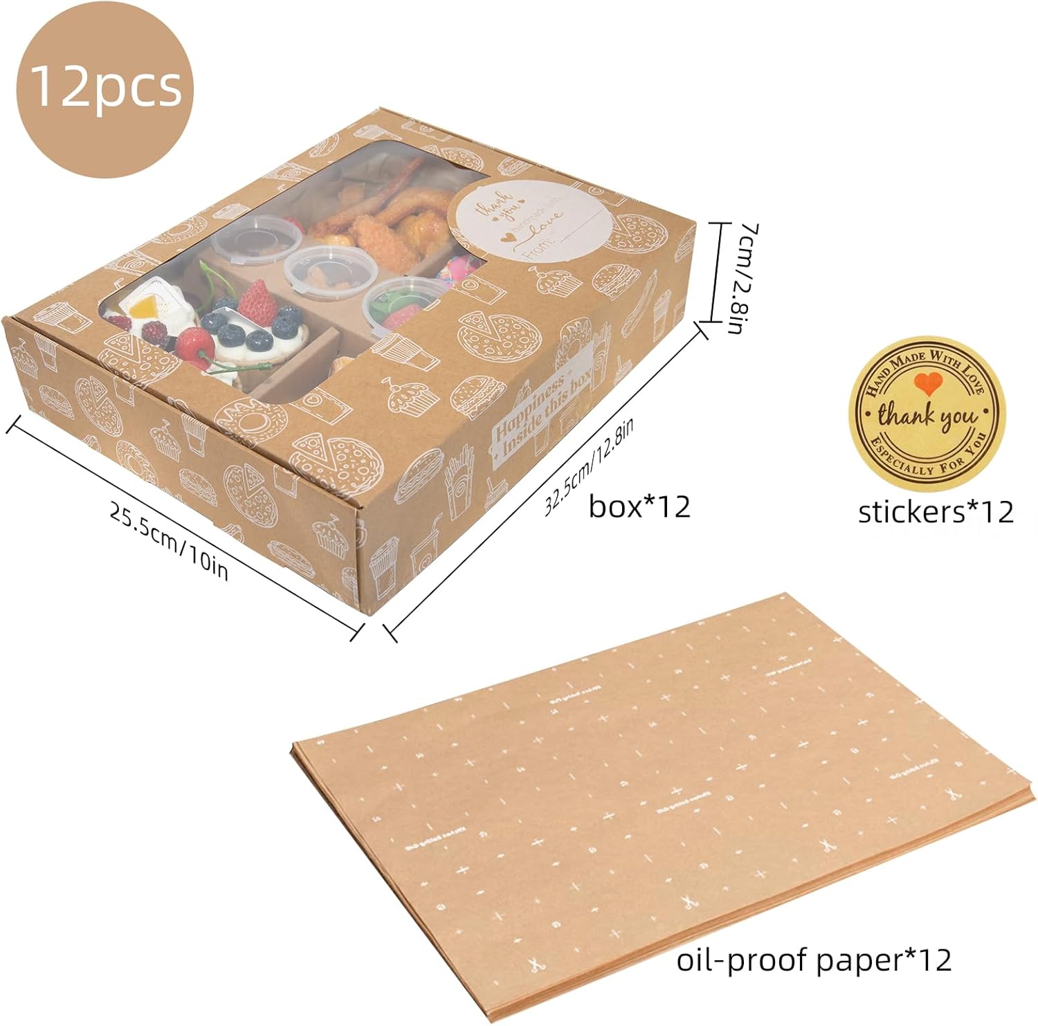 Caja de pastelería marrón a prueba de grasa, 12 juegos, caja de cartón para postres con ventana de 12 x 10 x 2.5 pulgadas, recipientes para comida