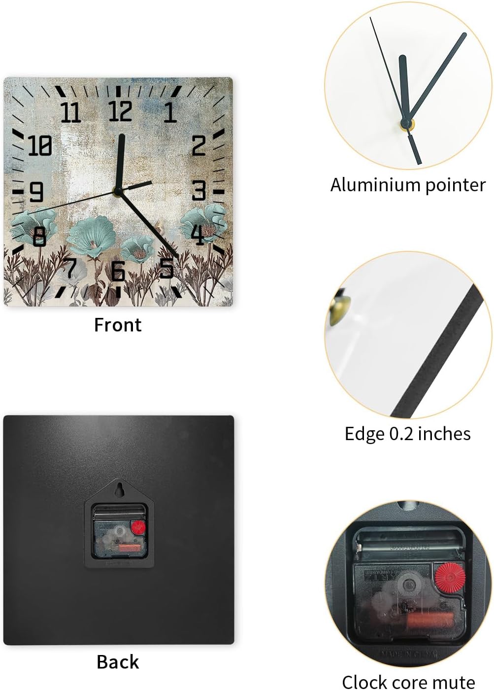 Reloj de pared cuadrado silencioso sin tictac, arte abstracto, textura vintage, flores verde azulado, relojes de pared que funcionan con pilas,