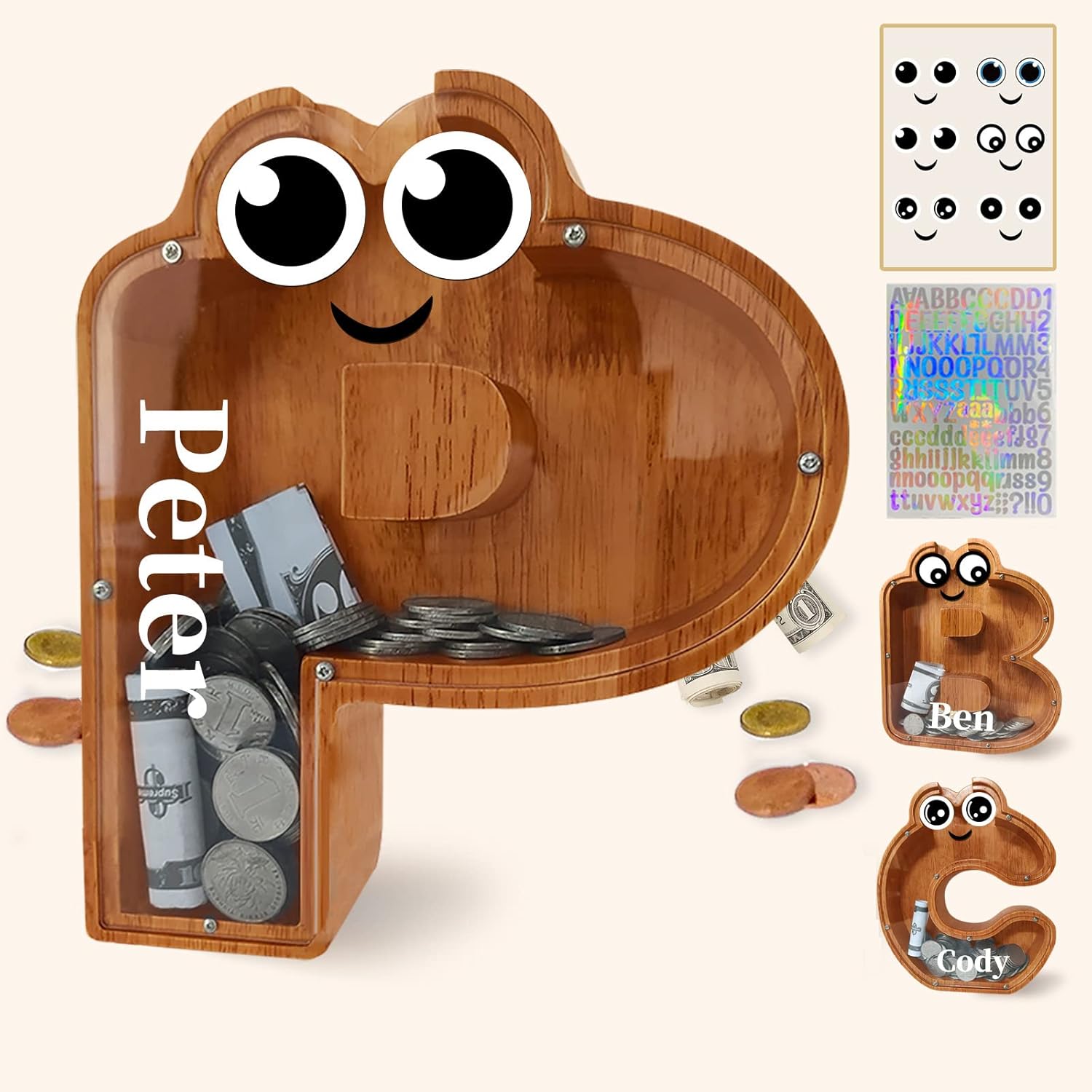 Alcancía de madera, alcancía de letras personalizadas (9.1 pulgadas, grabado láser), caja de dinero de madera, alcancía de regalo para niños, regalo