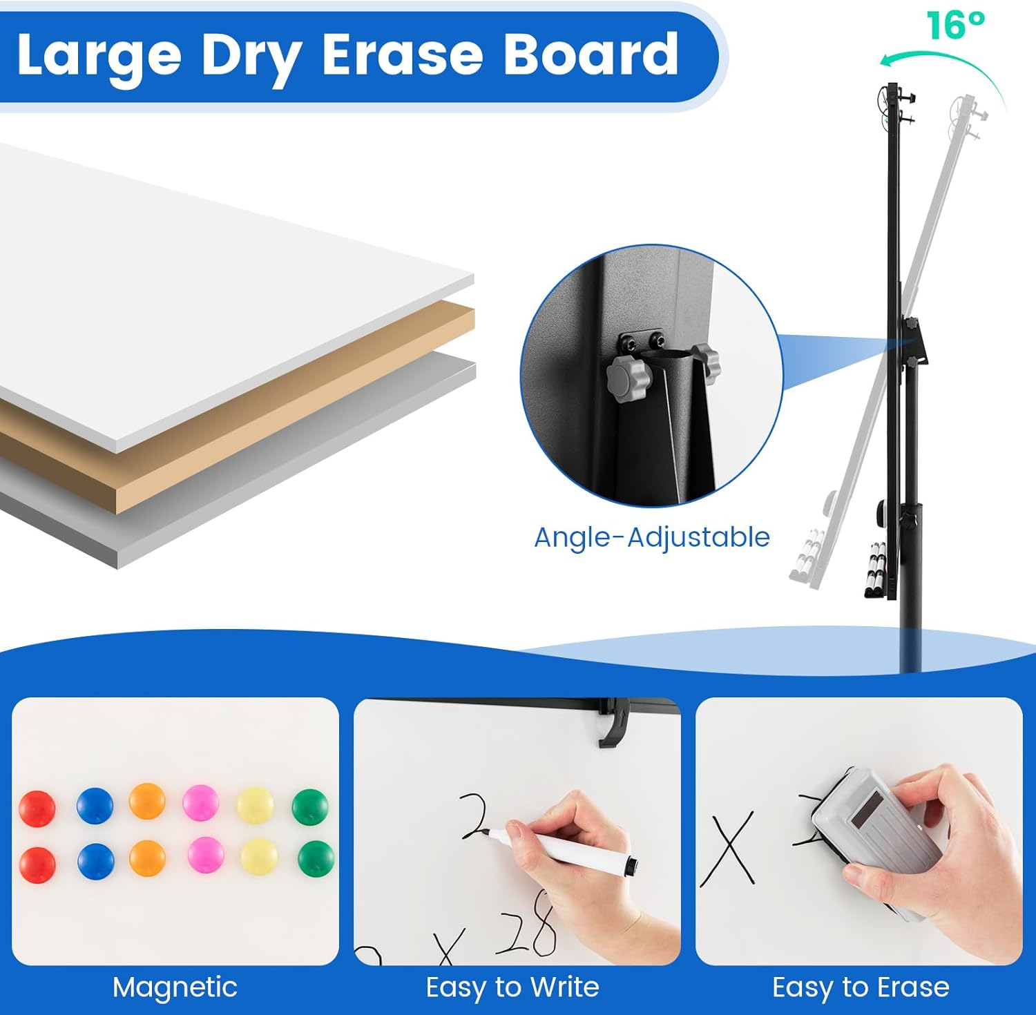 Goplus Pizarra blanca móvil, 40 x 26 pulgadas, altura ajustable, pizarra blanca magnética con soporte redondo estable, clips de papel y bandeja de
