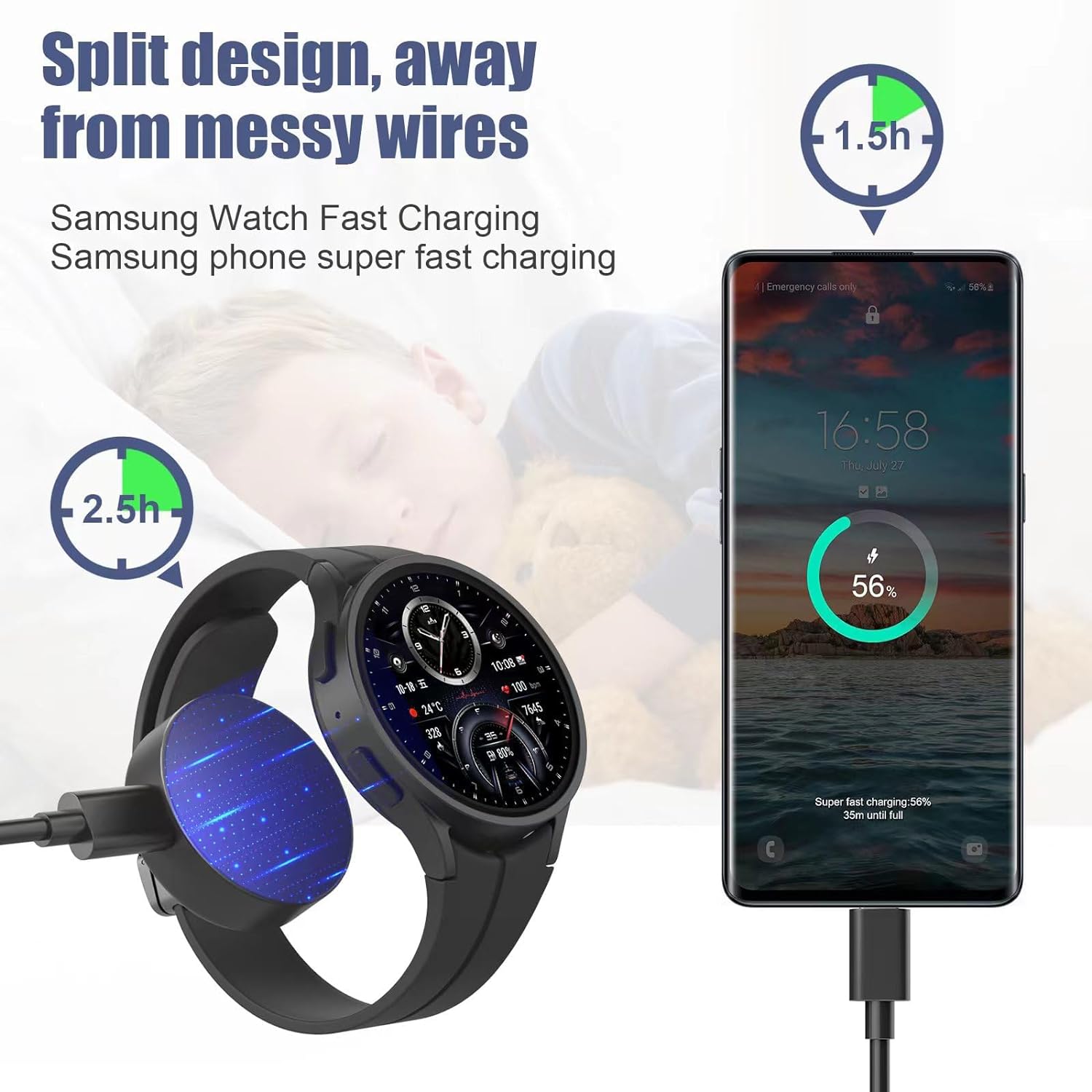 Cargador de reloj Galaxy (dividido) C cable de carga rápida, cargador súper rápido de 25 W compatible con Galaxy Watch 66 Classic5 Pro544 Classic y