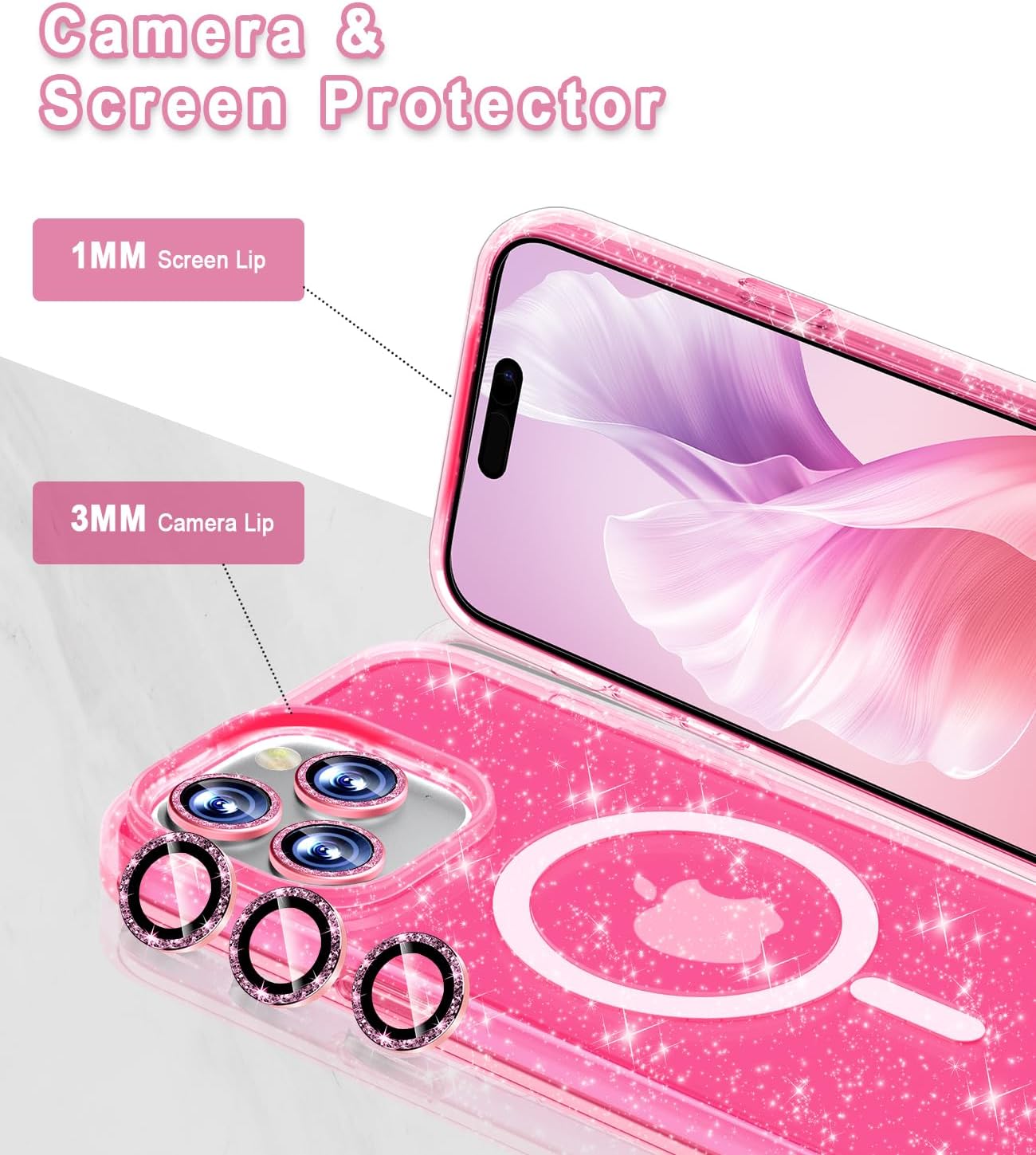 Meshine Funda magnética brillante para iPhone 15 Pro Max compatible con MagSafe, 2 protectores de pantalla y 2 protectores de lente de cámara de