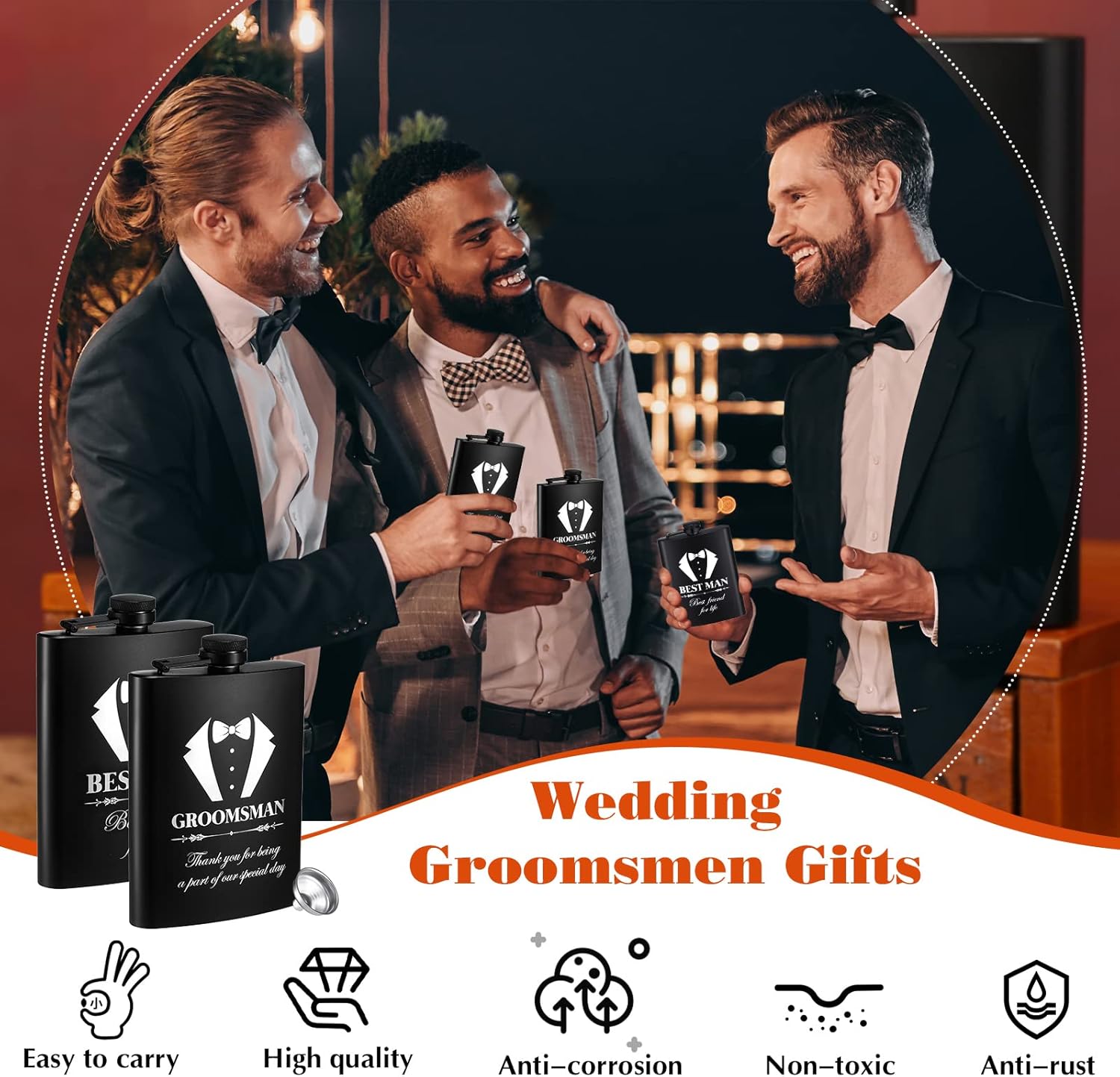 Zubebe Juego de 6 juegos de regalos para padrinos de boda de 8 onzas con embudos para boda, padrino de boda con grabado para hombres, frasco grabado