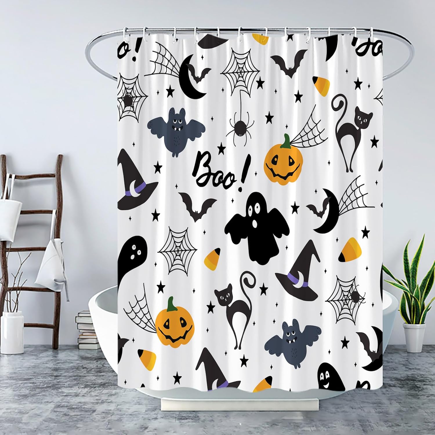 Cortina de ducha de Halloween, calabaza de terror, fantasmas espeluznantes, aterradores, murciélago negro, luna, murciélago gótico, sombrero de