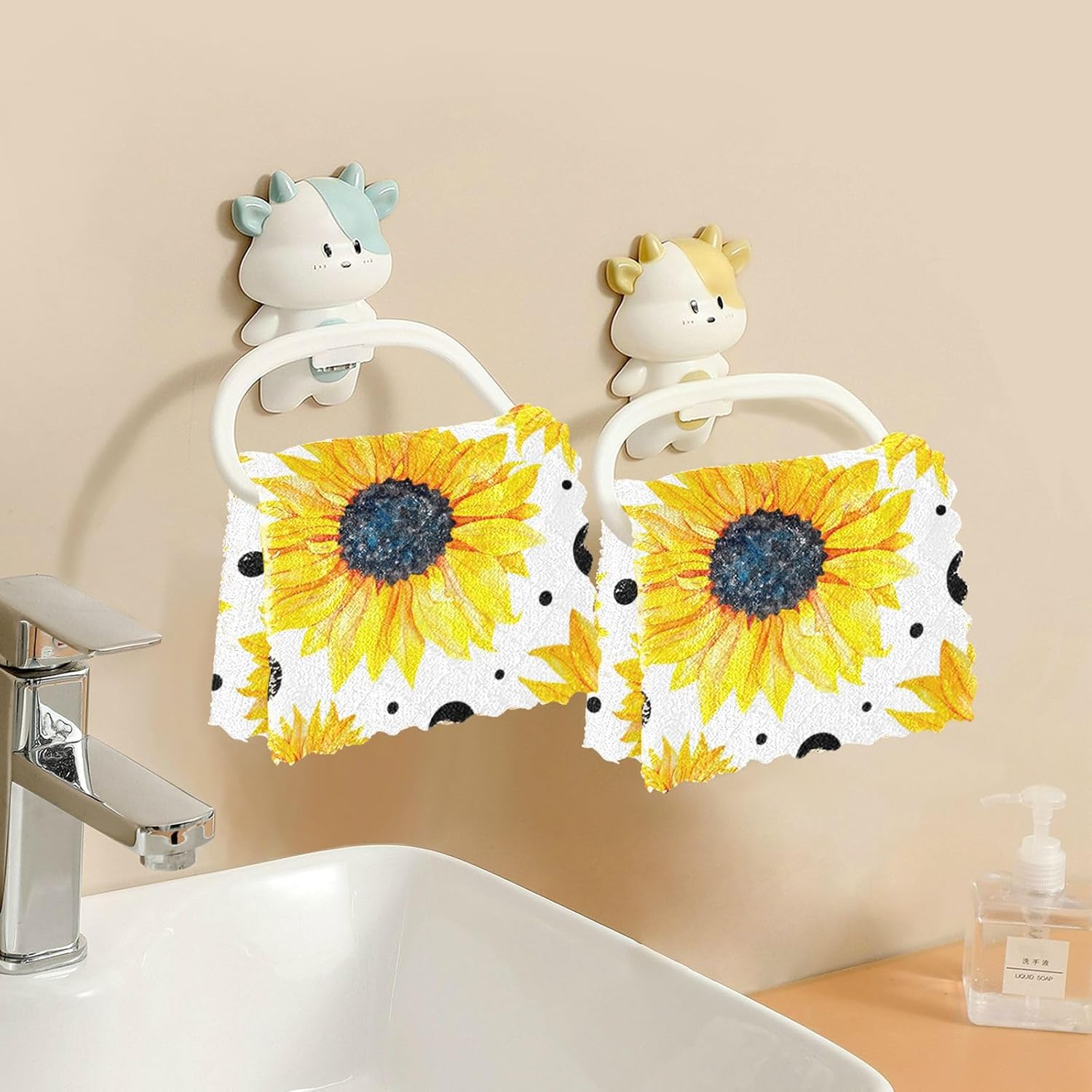 Yellow Sunflowers White Cotton Print Microfiber Dish Drying Towel Quick Dry Set of 6 Tea Towels for Kitchen for Restaurant Sink