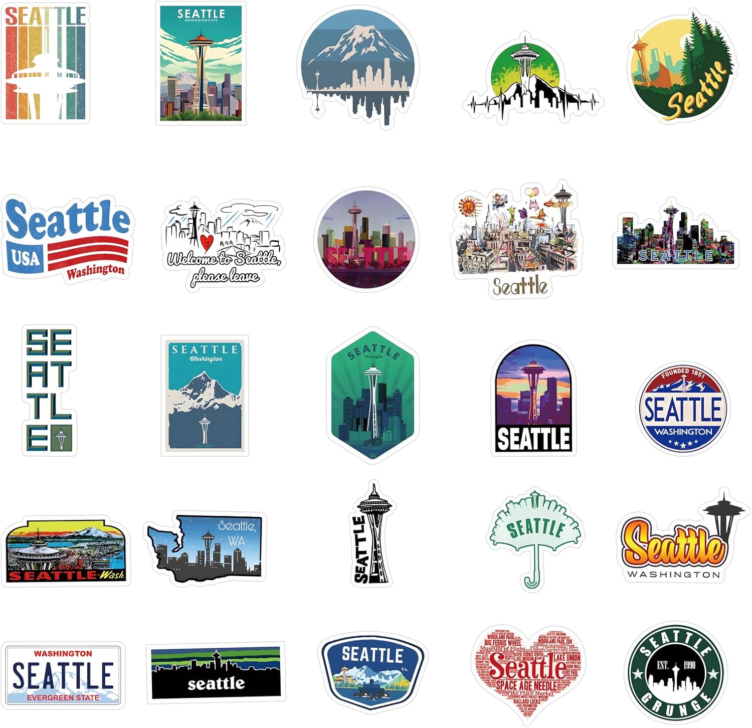 53 calcomanías de Seattle de vinilo impermeables para laptop, parachoques, patineta, botella de agua, computadora, teléfono, calcomanías de dibujos
