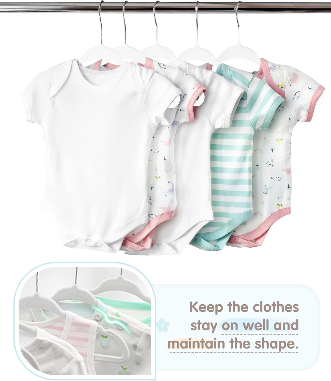 VIS’V – Perchas de terciopelo para niños, 11 pulgadas, color blanco, antideslizantes, para ropa de bebé, con 6 bonitos divisores de ropa para bebés,