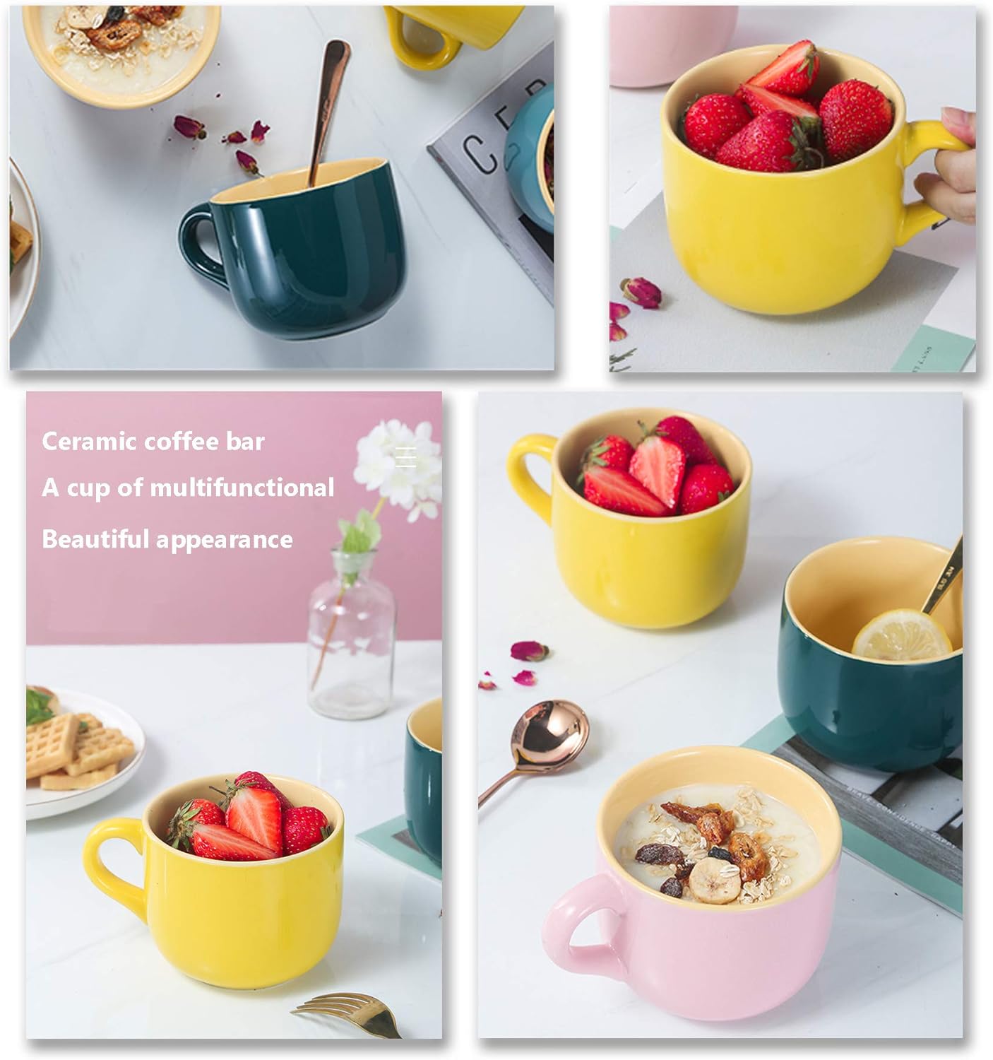 TeenFighter Tazas de avena grandes de porcelana, 23 onzas (23.0 fl oz) de ancho, juego de 4, taza de desayuno y tazón de sopa, aptas para microondas