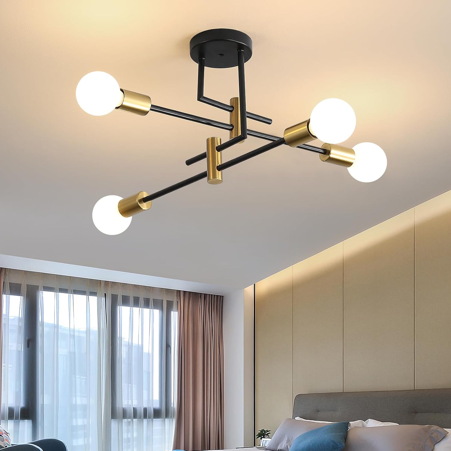 DELIPOP Sputnik – Lámpara de techo Sputnik moderna de 4 luces negras y doradas, lámpara de techo E26 de metal industrial semiempotrada para