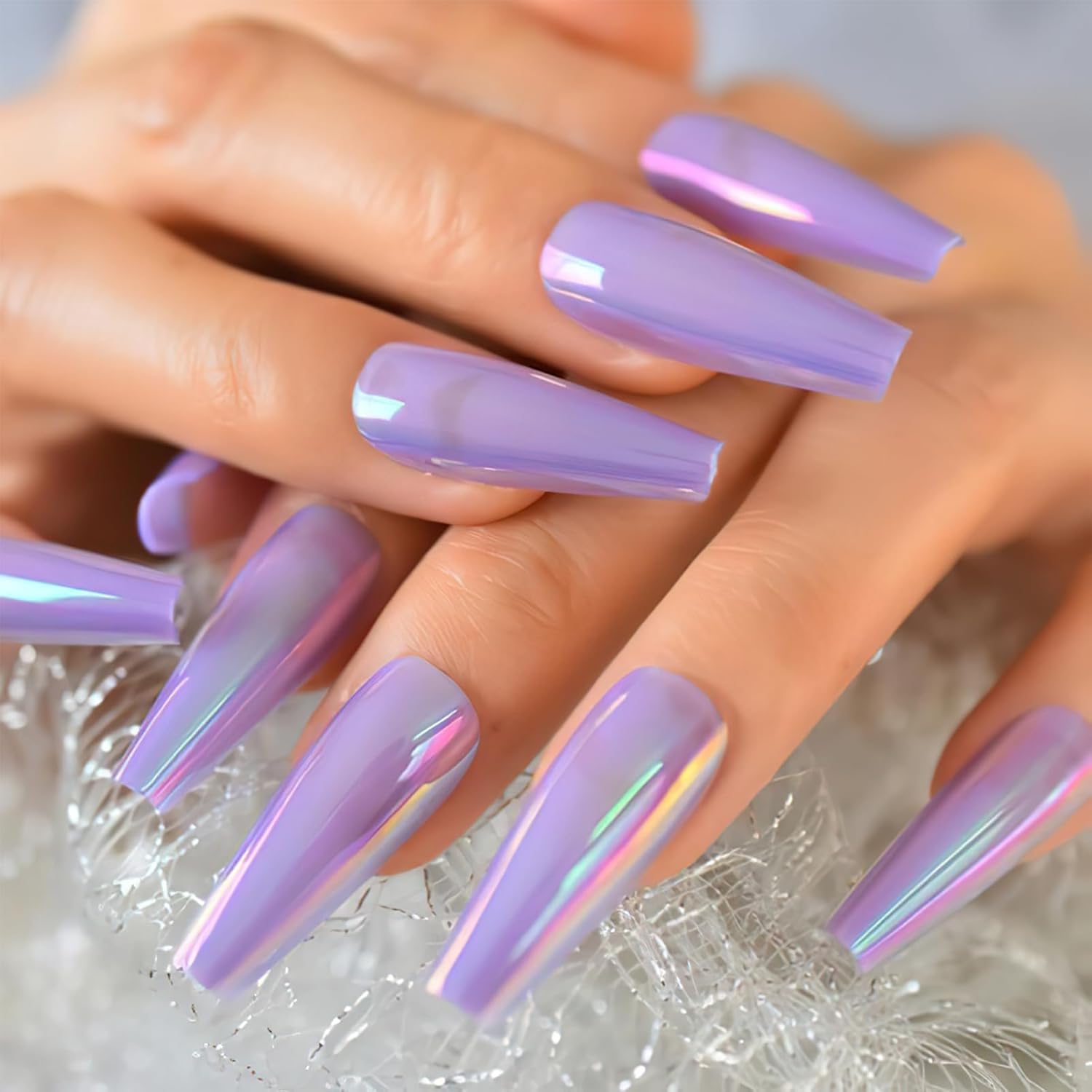 Uñas postizas a presión cromadas holográficas moradas, largas de espejo, de lujo, metálicas, camaleón, uñas postizas largas de bailarina, cobertura