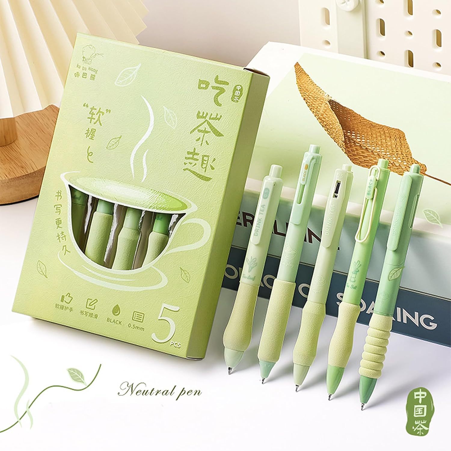 ITAWIXS Bolígrafos estéticos de tinta de gel, 5 unidades, color verde, bonitos bolígrafos retráctiles con diferentes puntas, tinta de secado rápido,