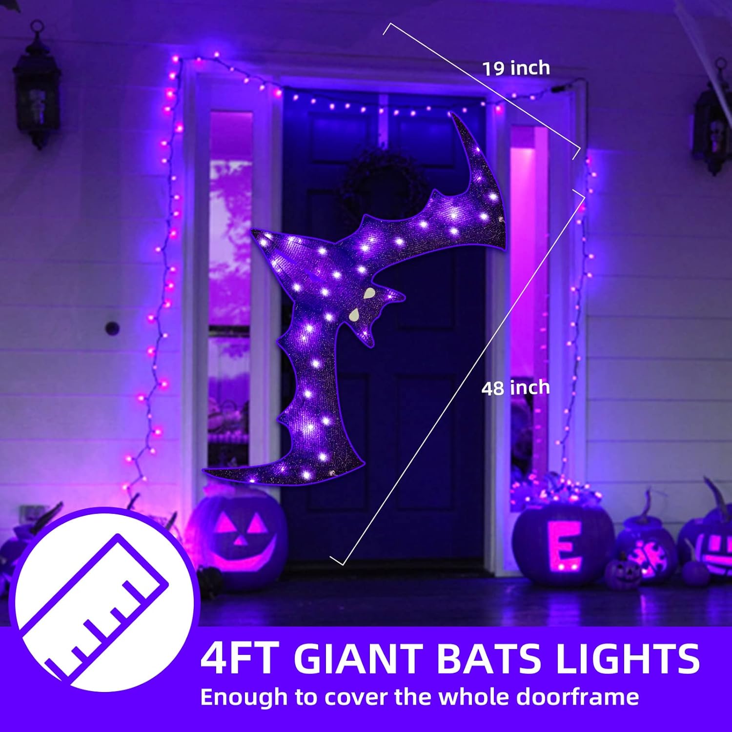 EAMBRITE Luces de ventana de Halloween de 4 pies, luz de murciélago gigante con 30 luces moradas, impermeable, silueta de ventana, decoración de luz