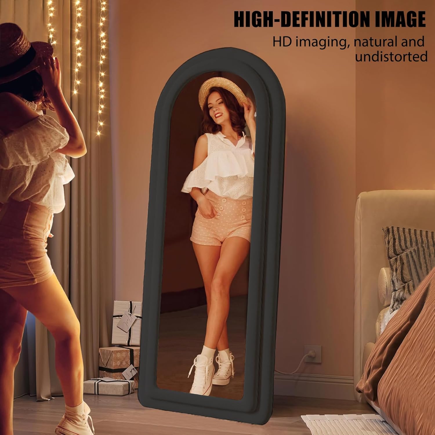 Espejo de franela de longitud completa con soporte arqueado para colgar en la pared, espejo corporal de 63 x 24 pulgadas, HD modernos y grandes