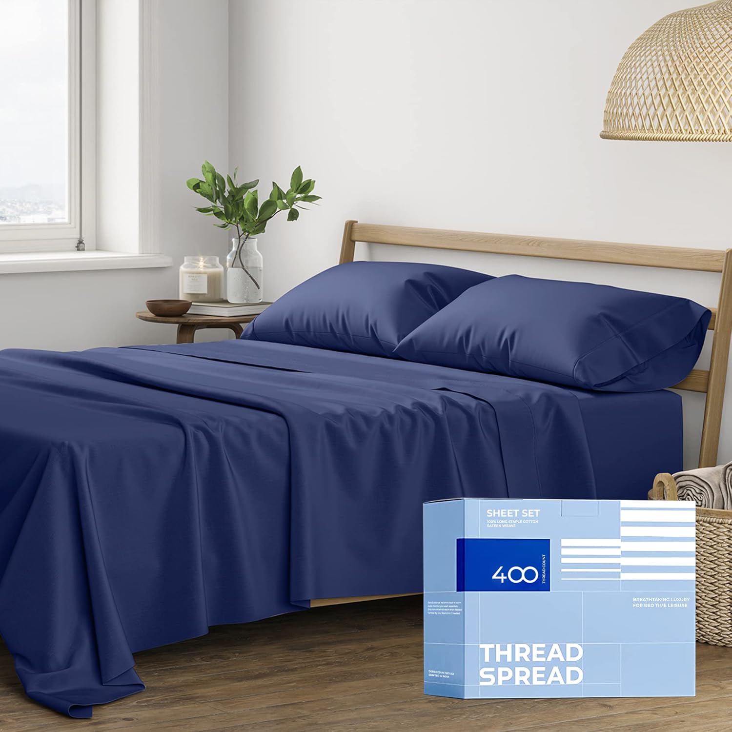 THREAD SPREAD Juego de sábanas de 100 % algodón dividido tamaño King para cama ajustable, juego de sábanas de satén de 5 piezas de 400 hilos,