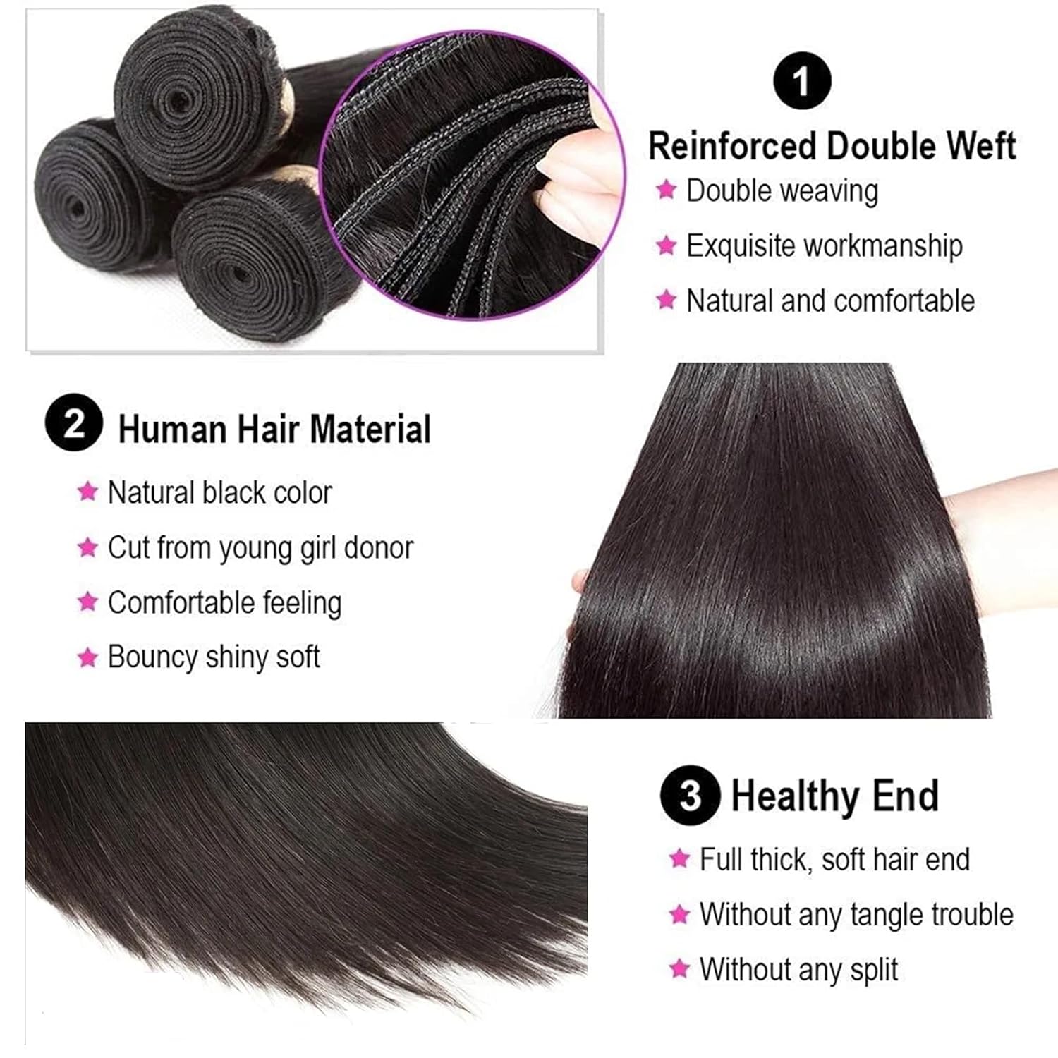 Paquetes de cabello humano 10A, un solo cabello humano lacio y sedoso para mujeres negras, 14 pulgadas, 100% sin procesar, virgen, sin procesar,