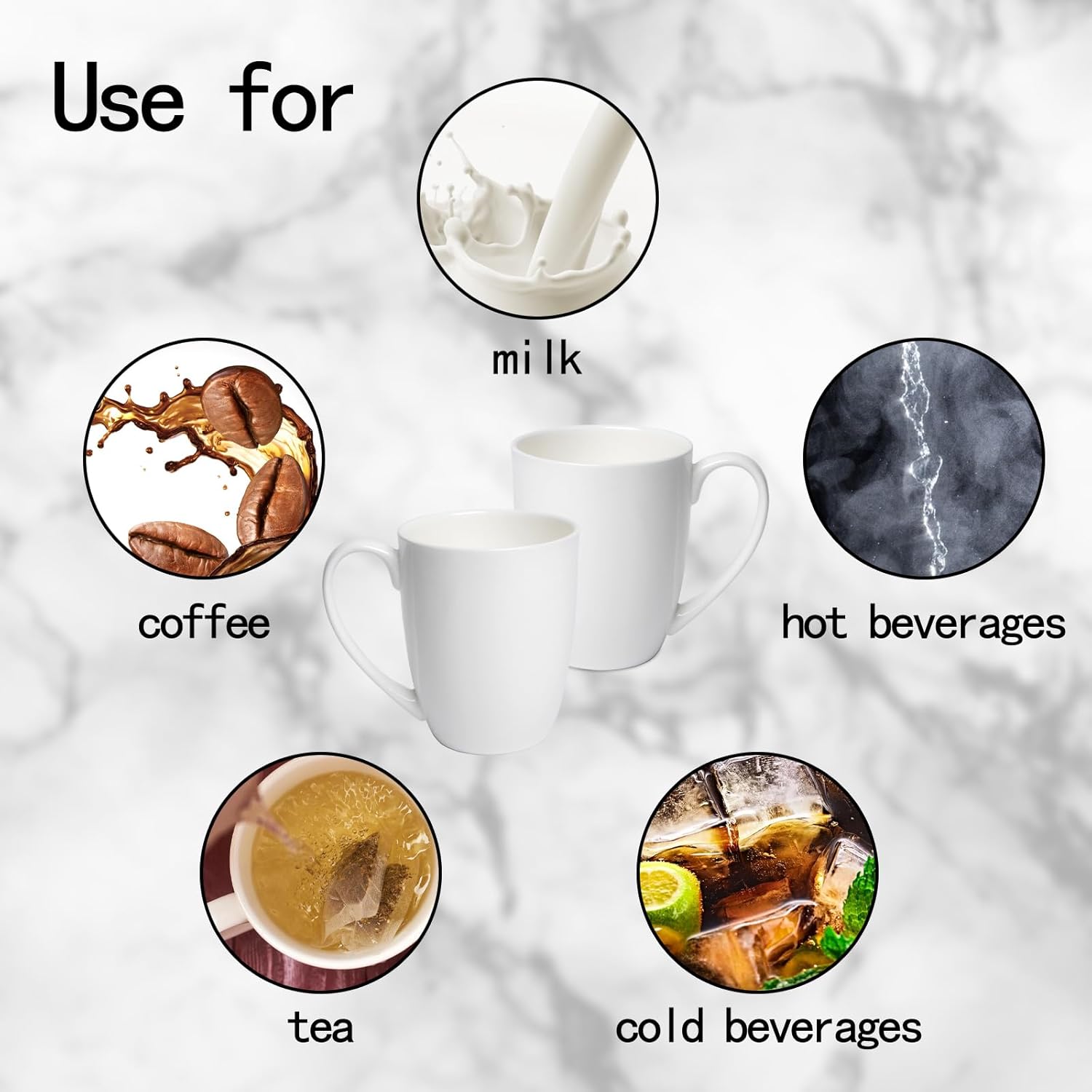 COSTMANCE Juego de 4 tazas de café de porcelana fina blanca, tazas de café blancas de 12 onzas, tazas de café elegantes y clásicas, tazas de té de