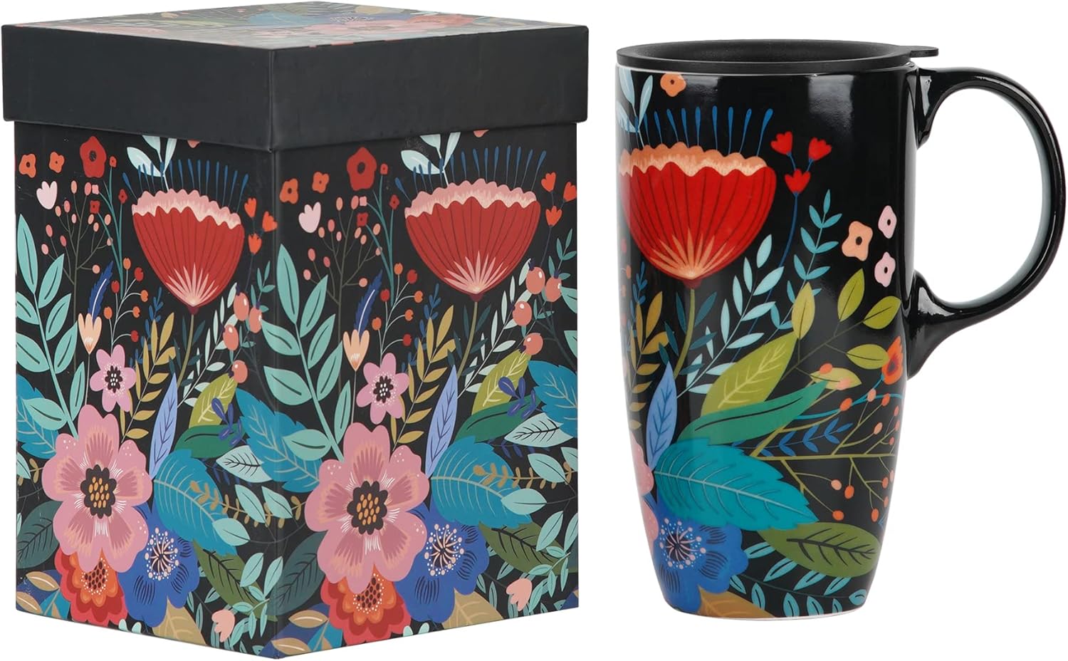 Topadorn Taza de café de cerámica con tapa de 17 onzas, taza de té alta de porcelana con asa para el hogar y la oficina, taza roja con patrón de