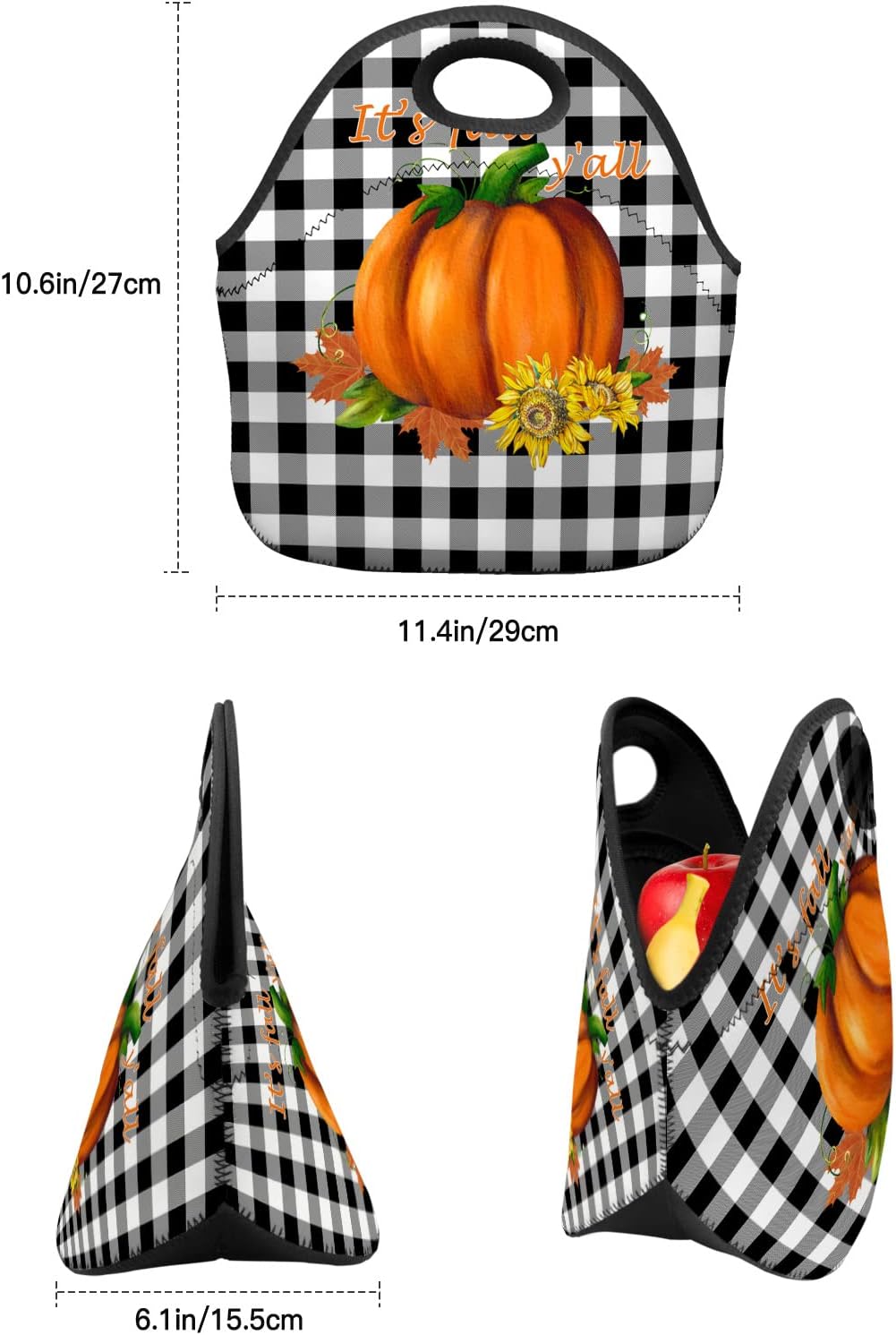 Reusable Neoprene Lunch Bag, It’s Fall Y’all Pumpkin on Black White Buffalo Plaid Soft Thermal Meal Tote, Lightweight Washable Insulated Lunch Pouch