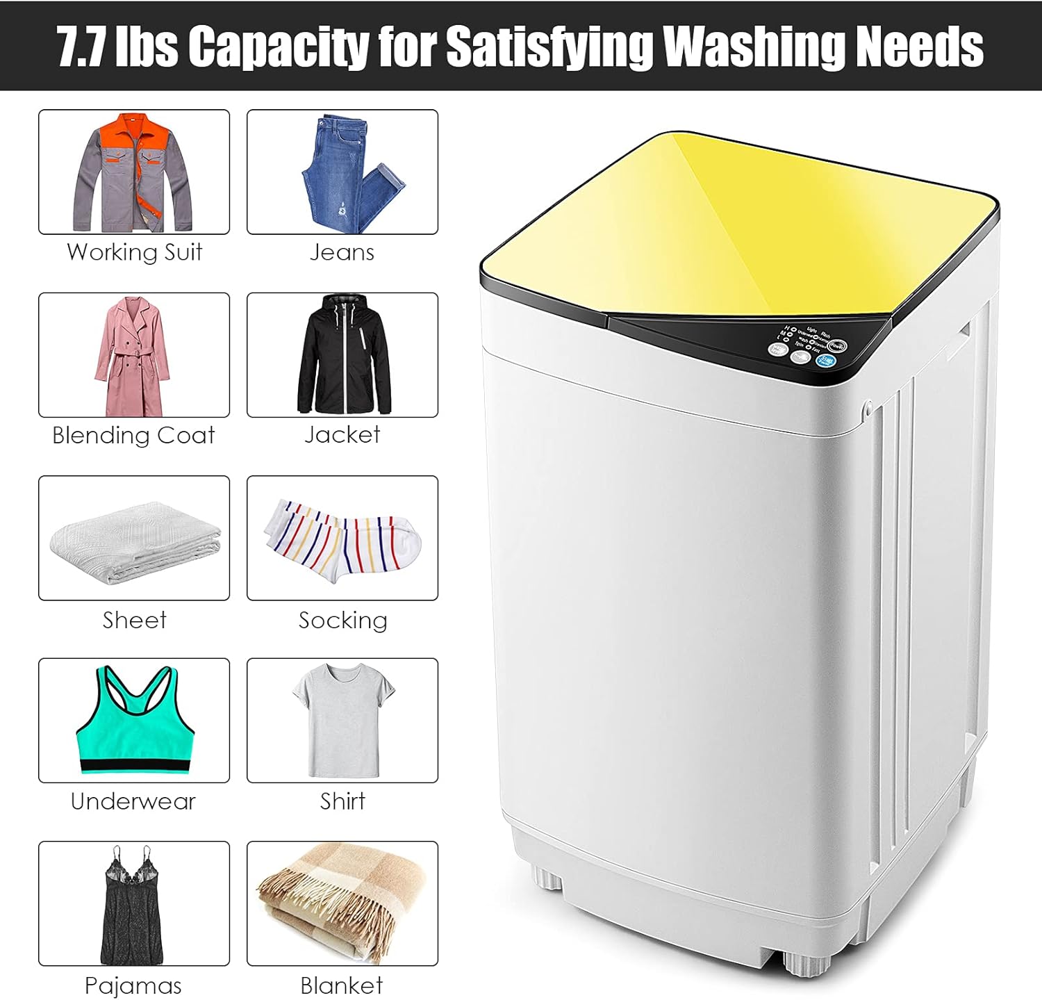 Casart – Lavadora portátil con capacidad de peso de 7.7 libras, lavadora y secadora completamente automática (amarillo y blanco)