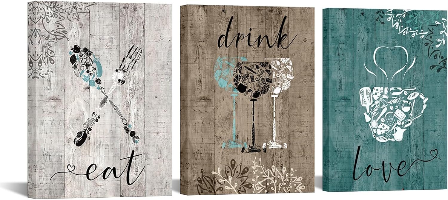iKNOW FOTO Decoración vintage de cocina de 3 piezas, juego de arte de pared en lienzo con texto en inglés “Love Eat Drink”, accesorios de pared para
